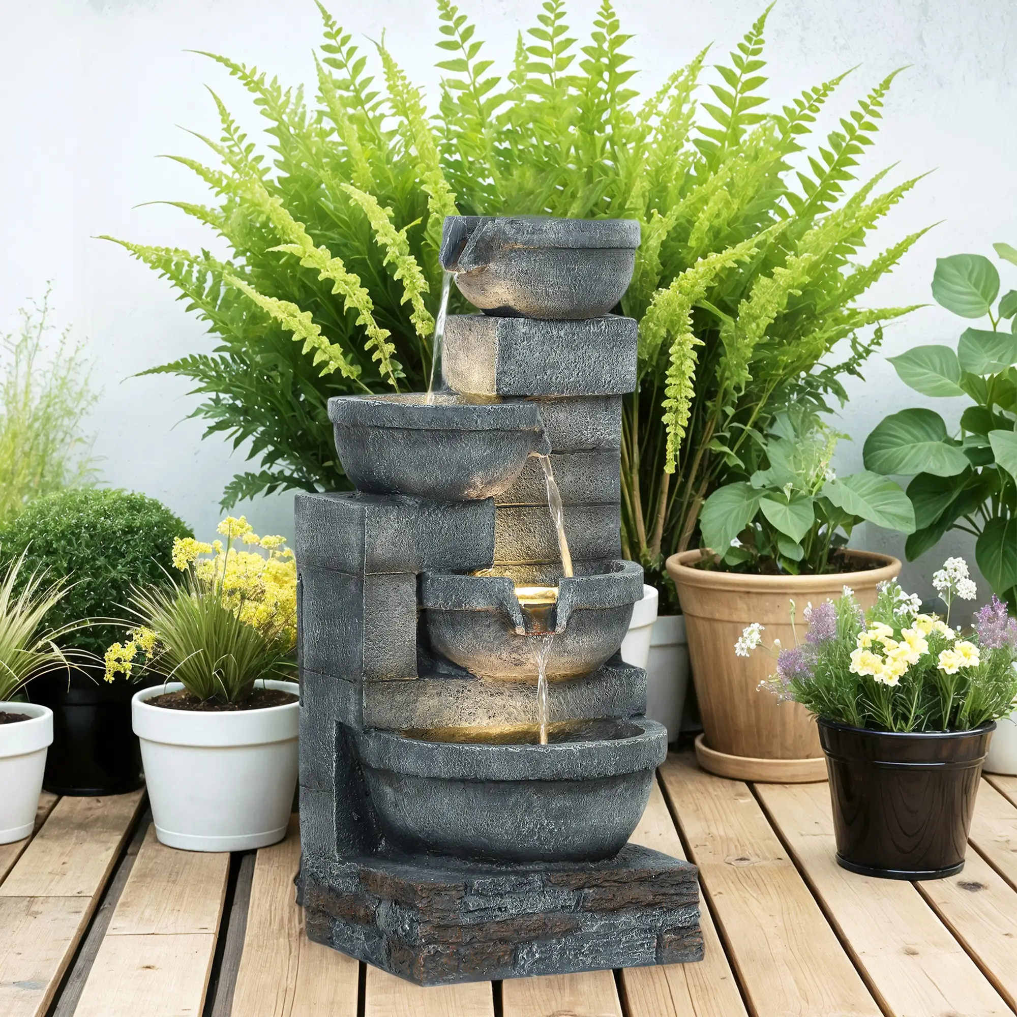 30" Tall Outdoor Water Fountain, LED Lights, 4-Tier Resin Bowls, Grey - Image 10