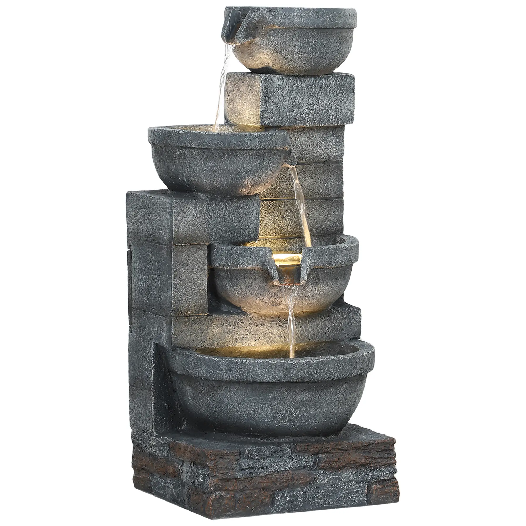 30" Tall Outdoor Water Fountain, LED Lights, 4-Tier Resin Bowls, Grey - Image 11