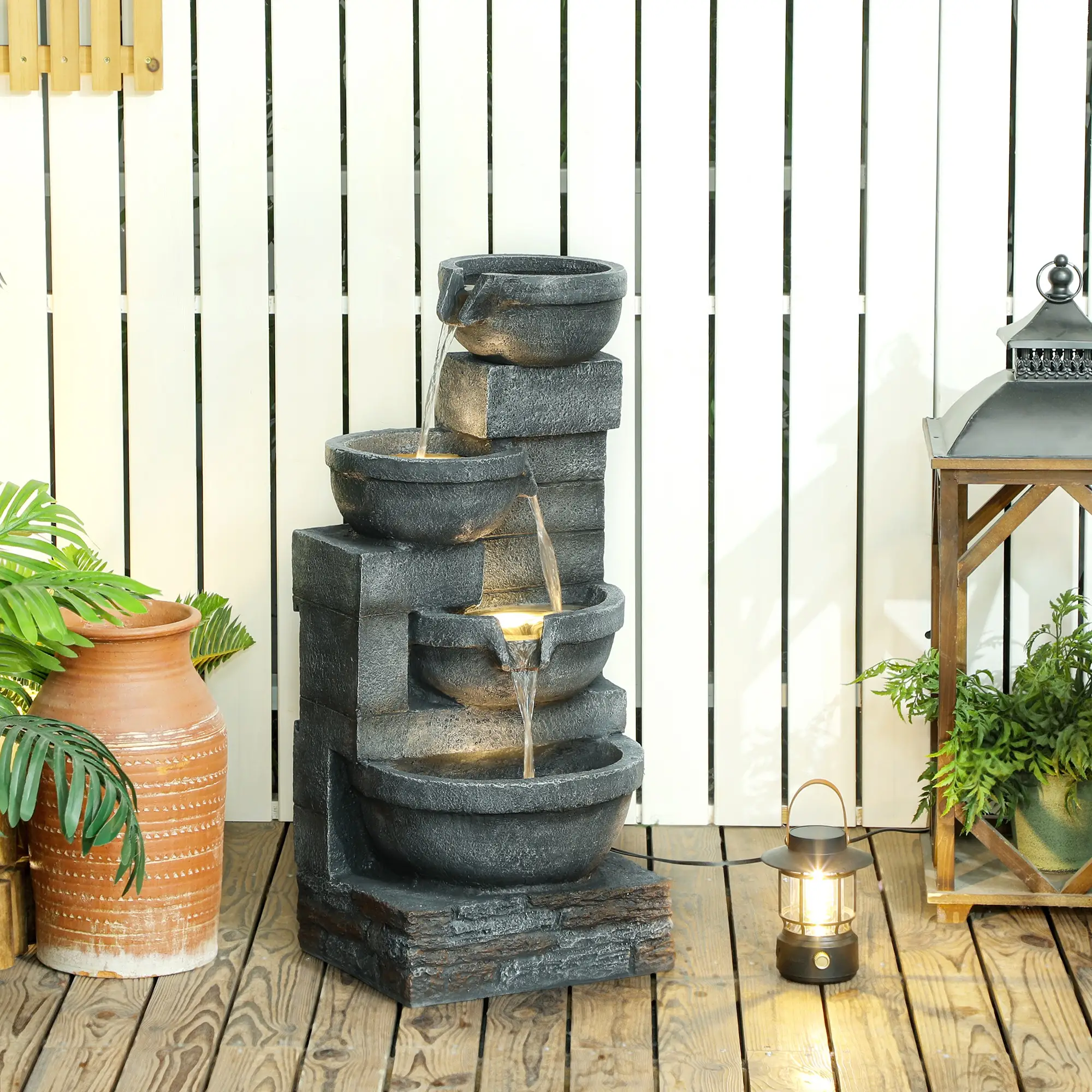 30" Tall Outdoor Water Fountain, LED Lights, 4-Tier Resin Bowls, Grey - Image 2
