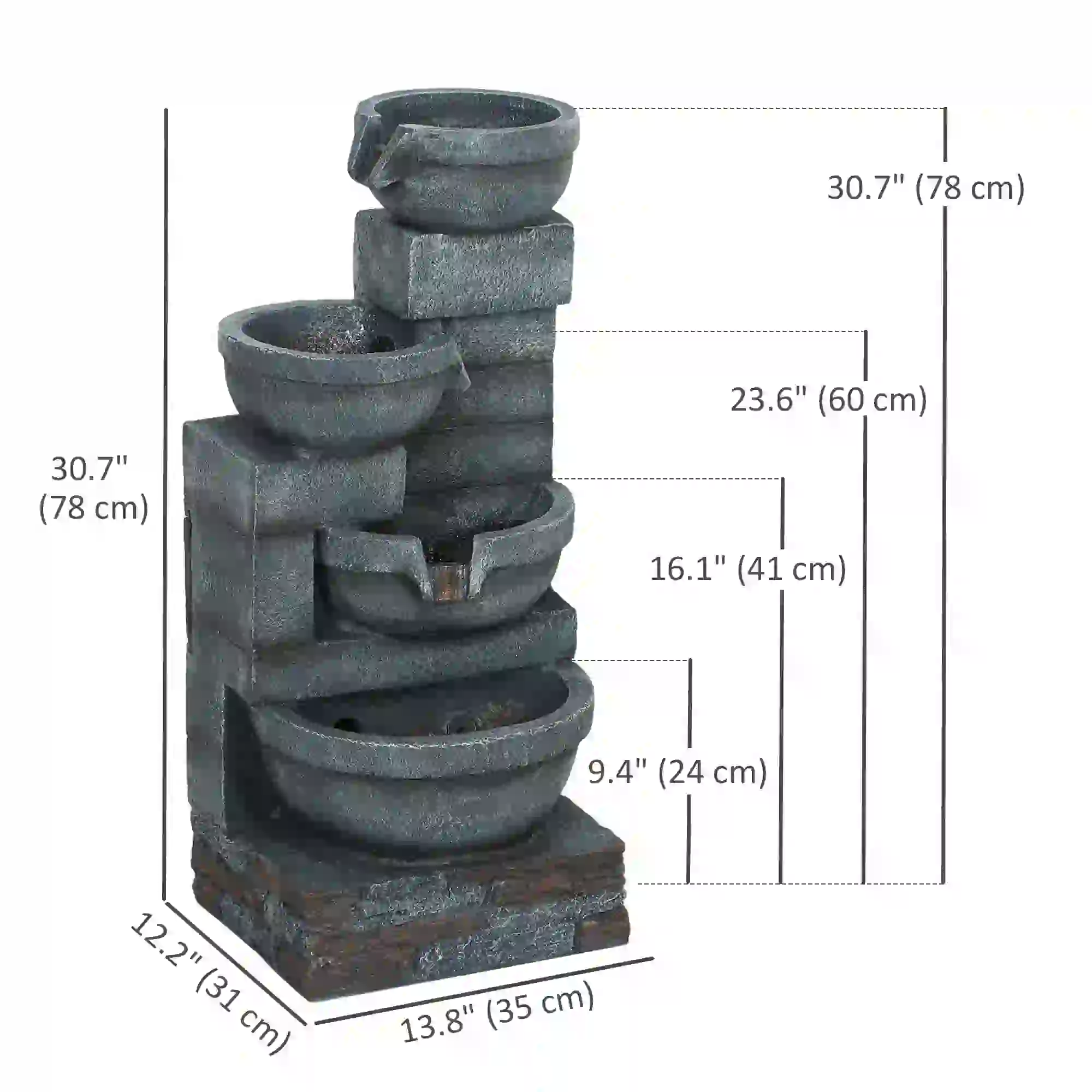 30" Tall Outdoor Water Fountain, LED Lights, 4-Tier Resin Bowls, Grey - Image 3