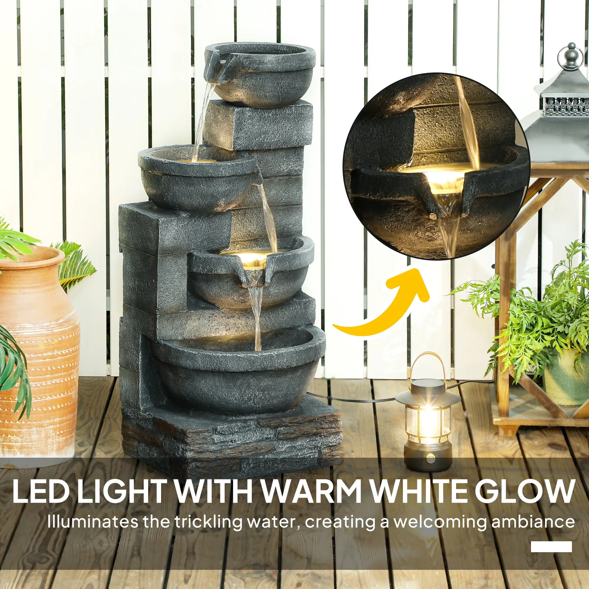 30" Tall Outdoor Water Fountain, LED Lights, 4-Tier Resin Bowls, Grey - Image 4