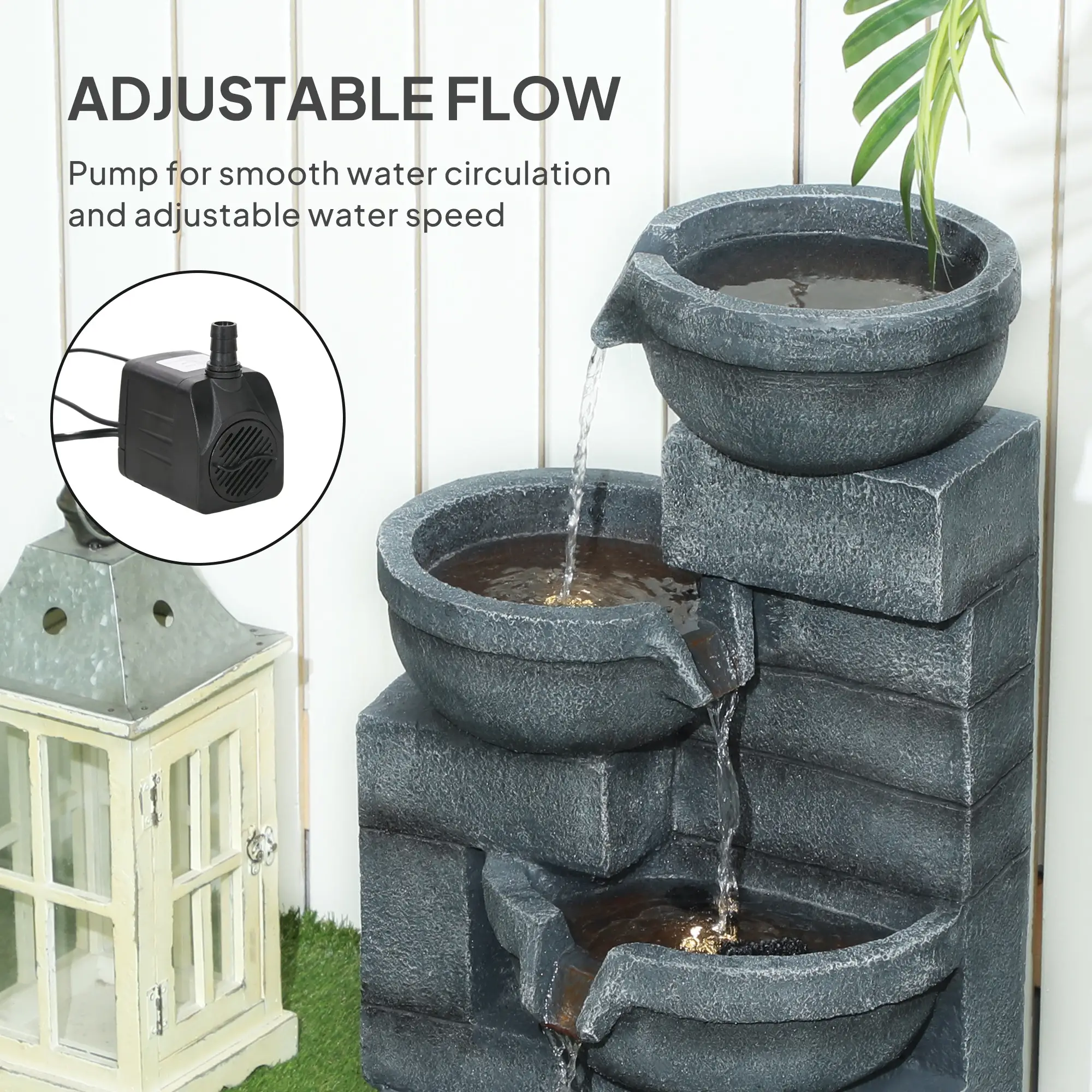 30" Tall Outdoor Water Fountain, LED Lights, 4-Tier Resin Bowls, Grey - Image 5