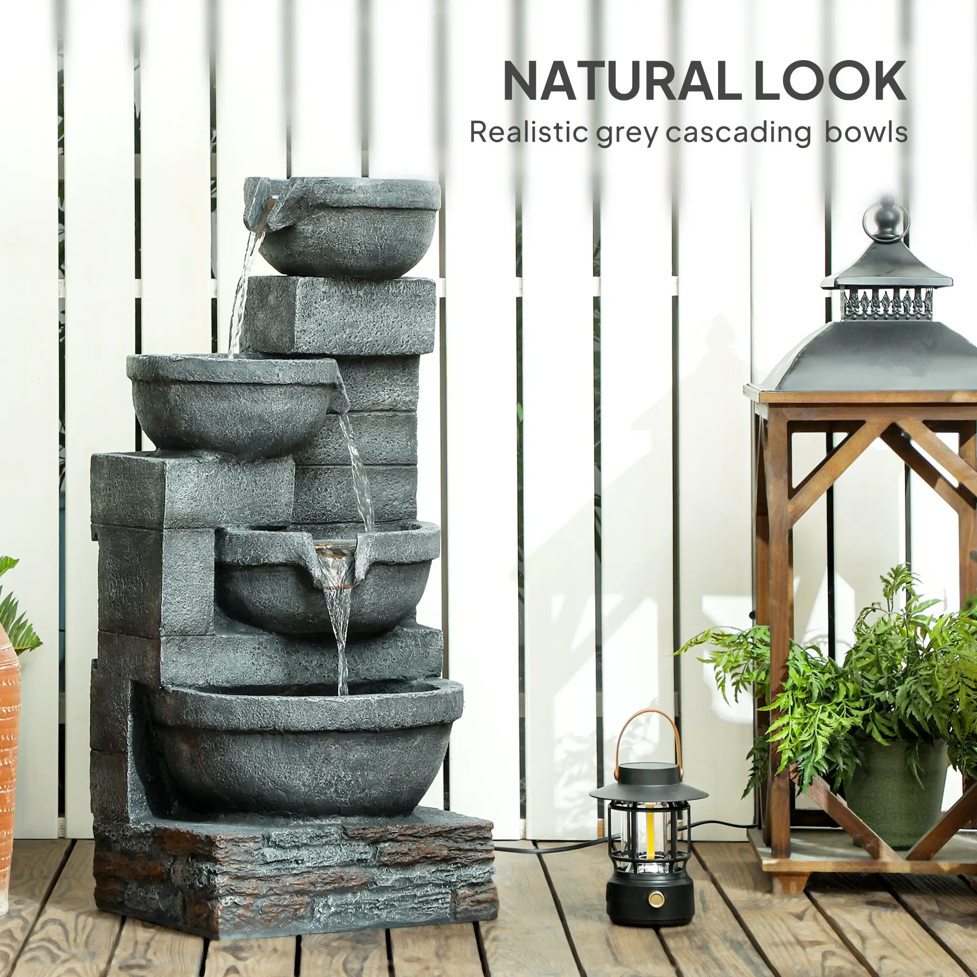 30" Tall Outdoor Water Fountain, LED Lights, 4-Tier Resin Bowls, Grey - Image 6