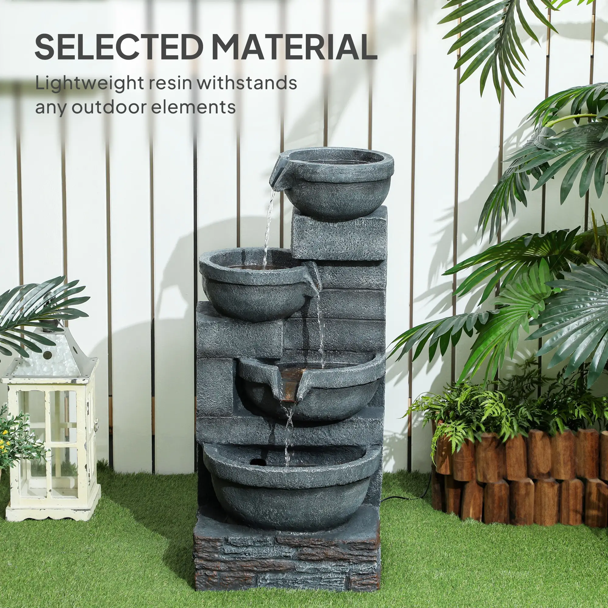 30" Tall Outdoor Water Fountain, LED Lights, 4-Tier Resin Bowls, Grey - Image 7