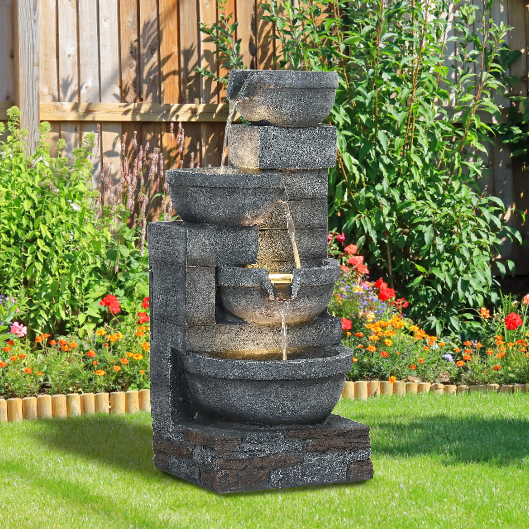 30" Tall Outdoor Water Fountain, LED Lights, 4-Tier Resin Bowls, Grey - Image 8