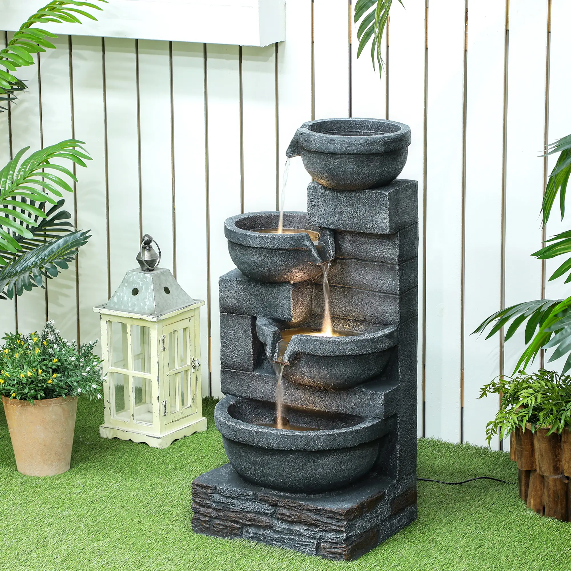 30" Tall Outdoor Water Fountain, LED Lights, 4-Tier Resin Bowls, Grey - Image 9