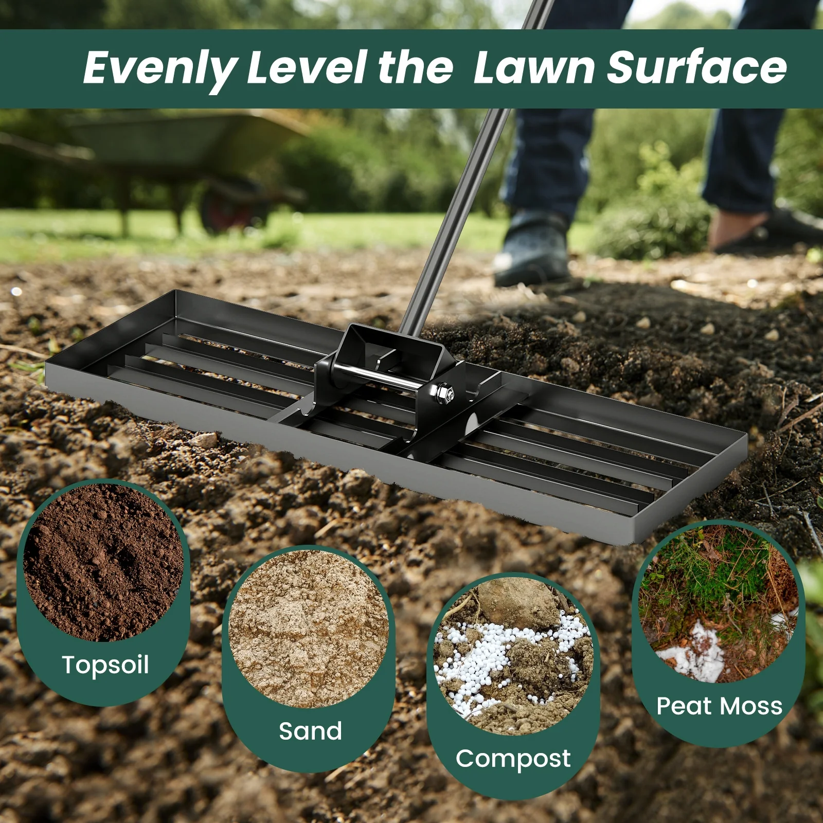30 x 10 Inch Lawn Leveling Rake, Ergonomic Handle, Black - Image 8