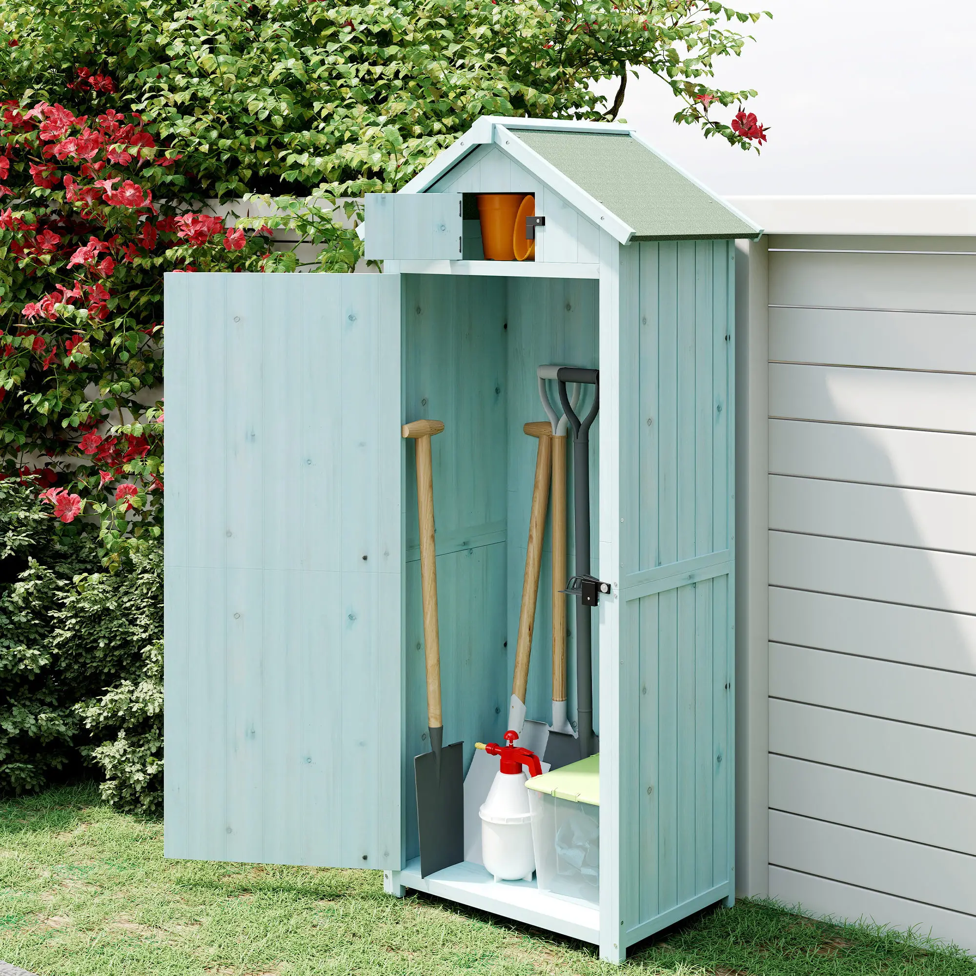 30" x 21" x 71" Garden Storage Shed, Outdoor Tool House, 3 Tier Shelves, Blue - Image 10