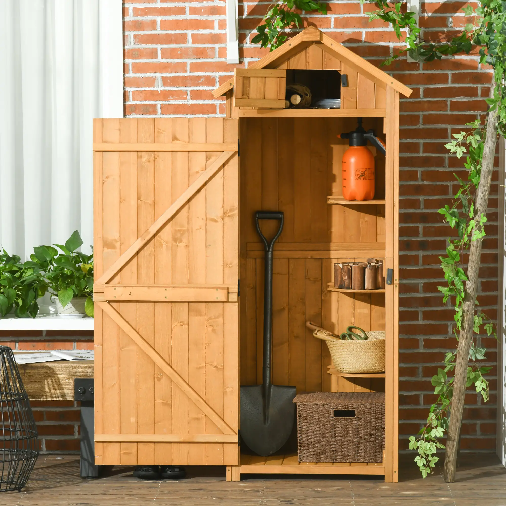 30" x 21" x 71" Garden Storage Shed, Outdoor Tool House, 3 Tier Shelves, Brown - Image 2