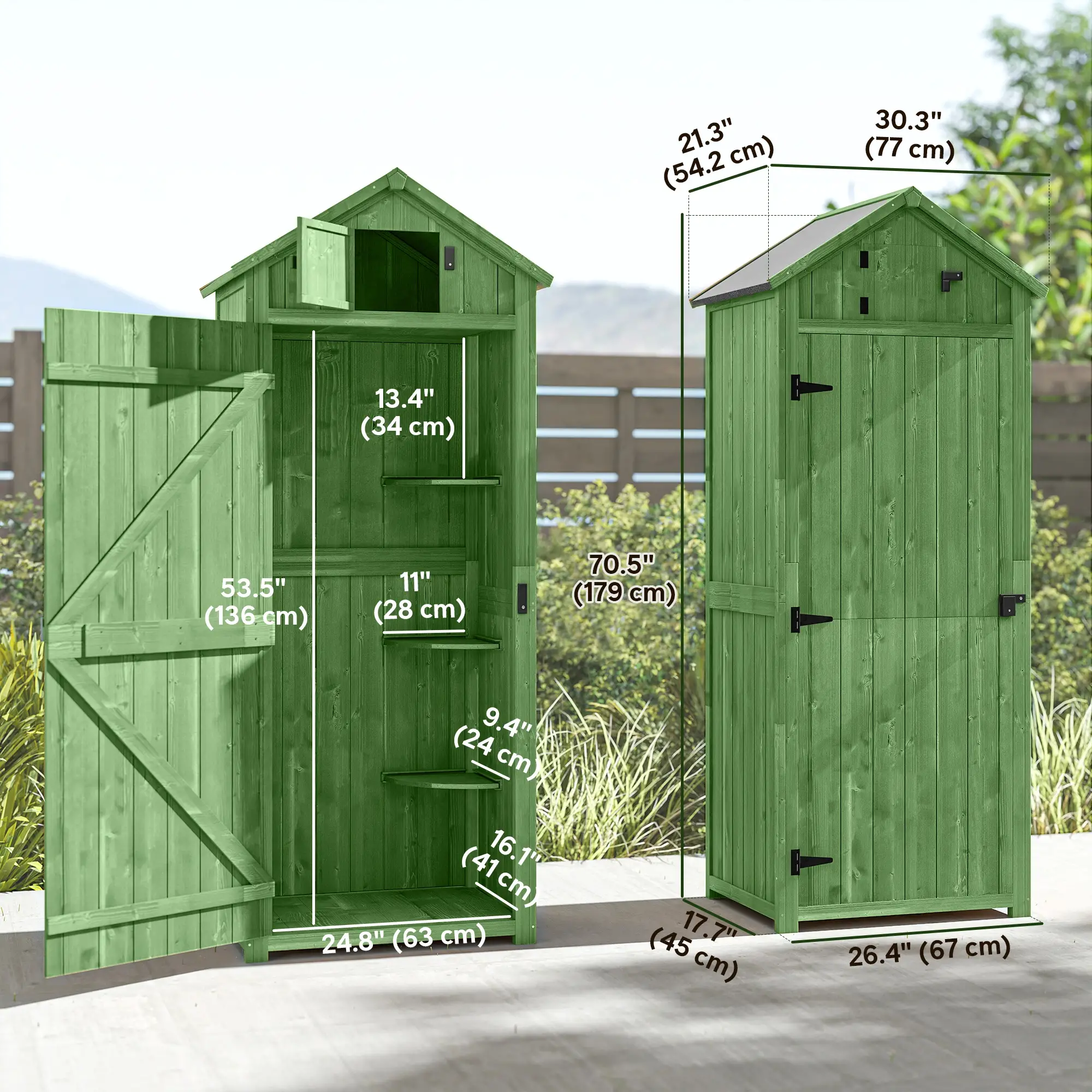 30" x 21" x 71" Garden Storage Shed, Outdoor Tool House, 3 Tier Shelves, Green - Image 3