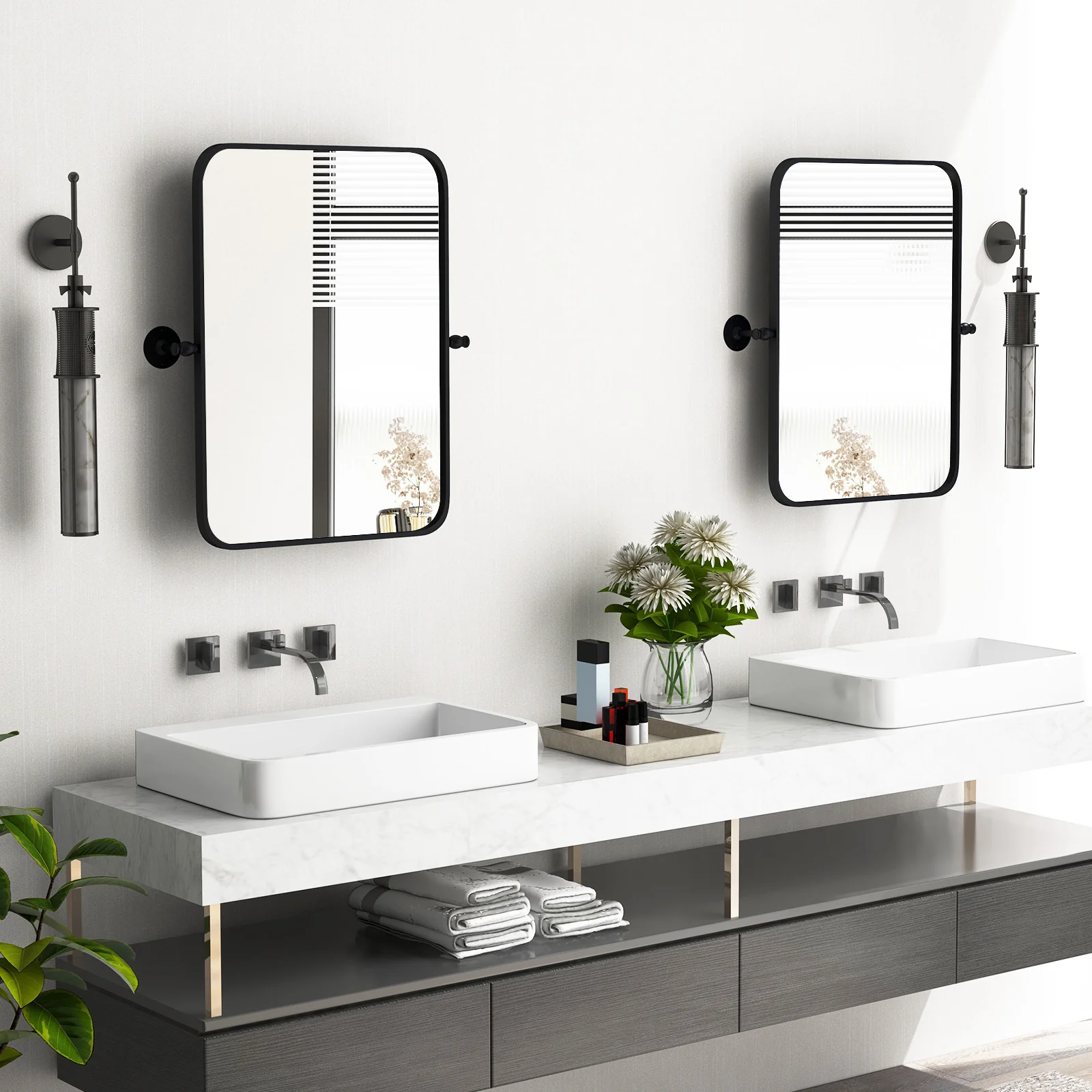 30 x 22 Inch Metal Framed Pivot Wall Mirror, Black - Image 7