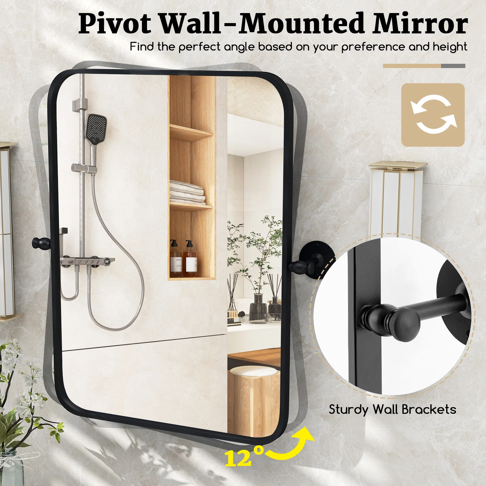 30 x 22 Inch Metal Framed Pivot Wall Mirror, Black - Image 8