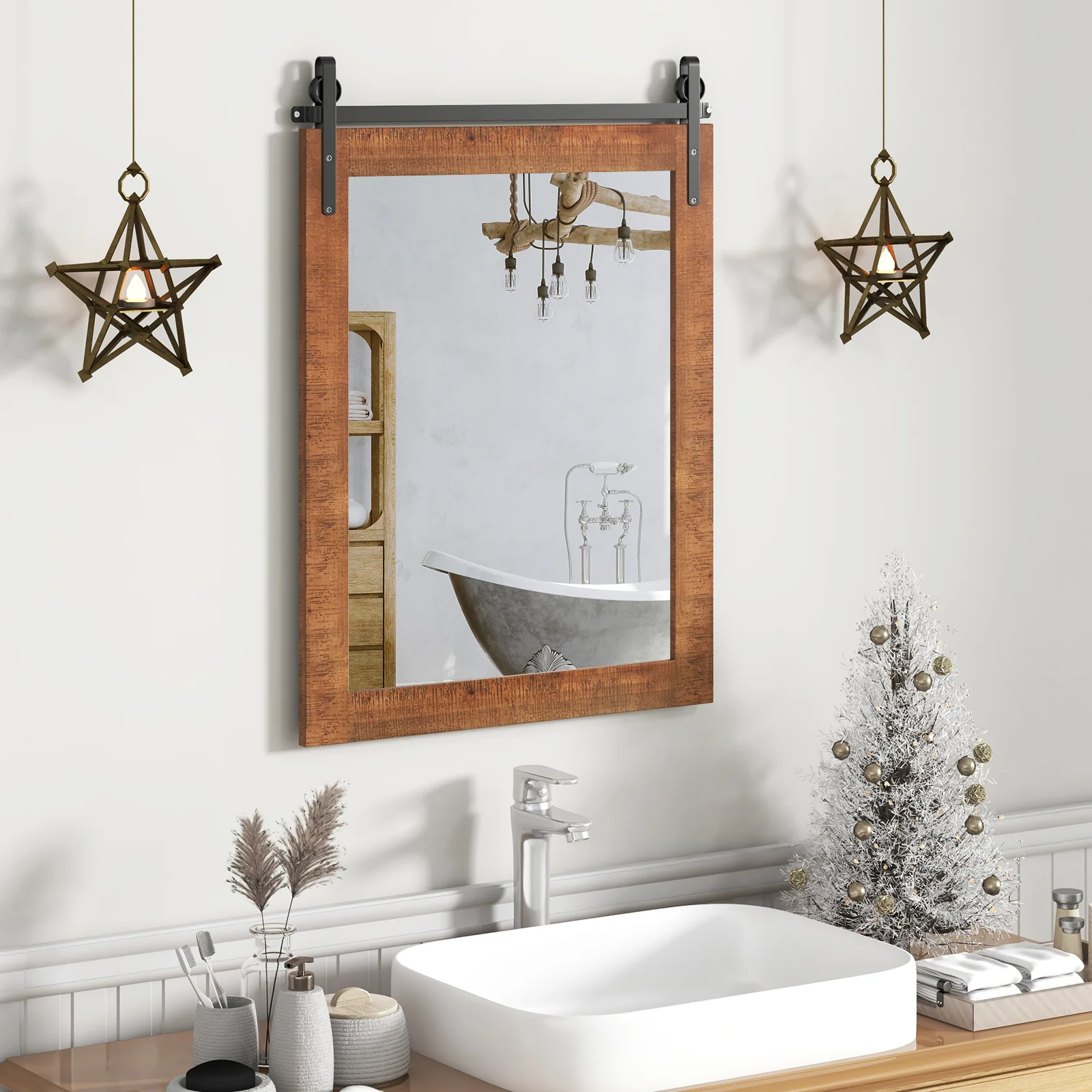 30 x 22 Inch Wall Mirror, Wood Frame, Brown - Image 8