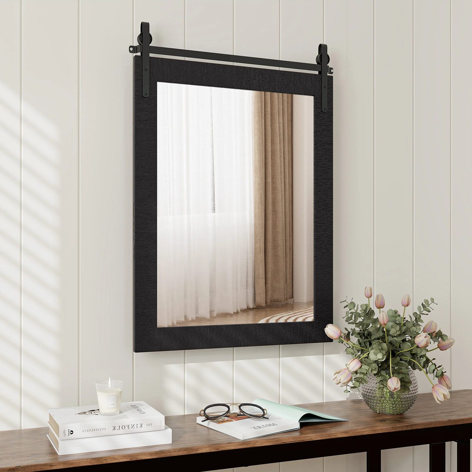 30 x 22 Inch Wall Mount Mirror, Wood Frame, Black - Image 2