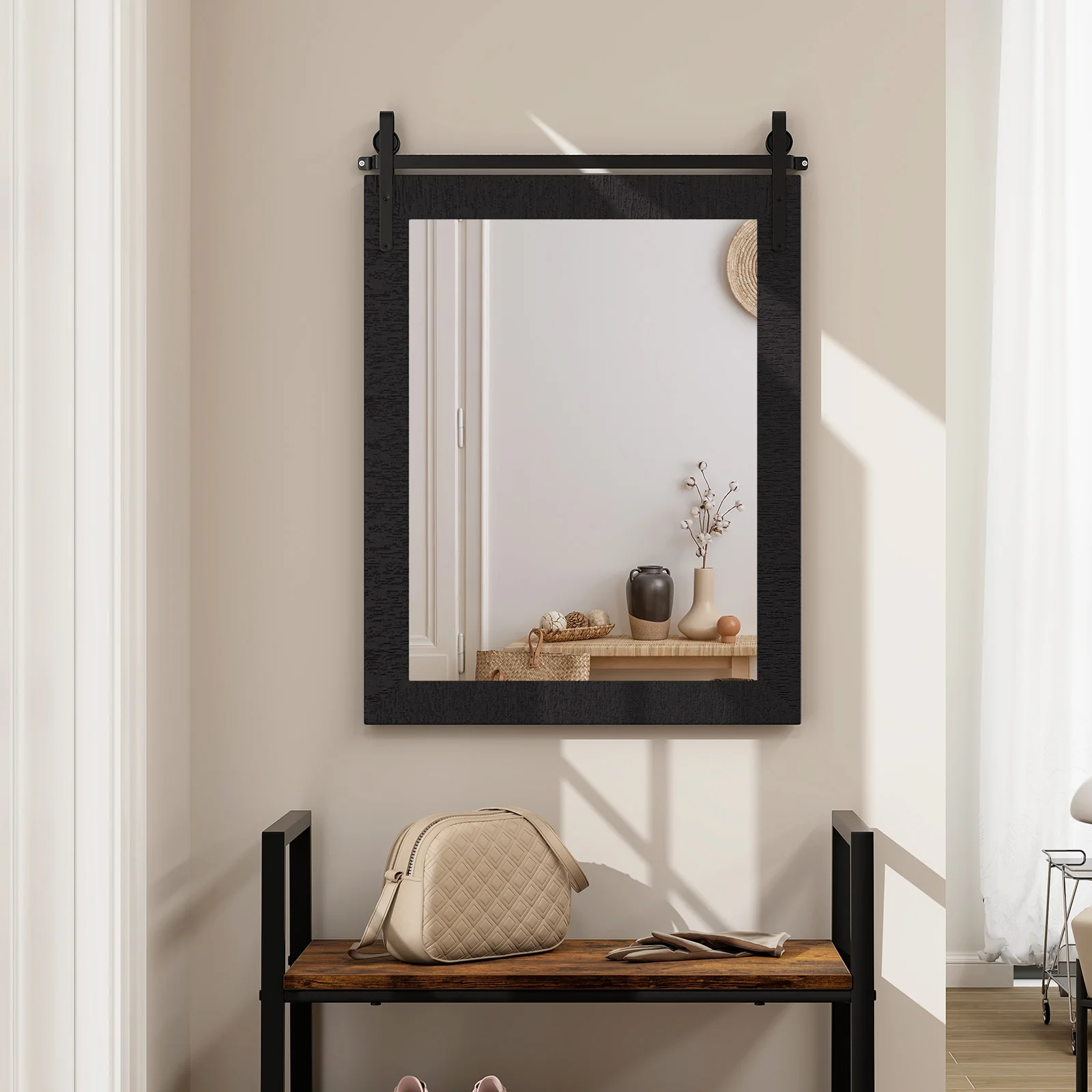30 x 22 Inch Wall Mount Mirror, Wood Frame, Black - Image 3