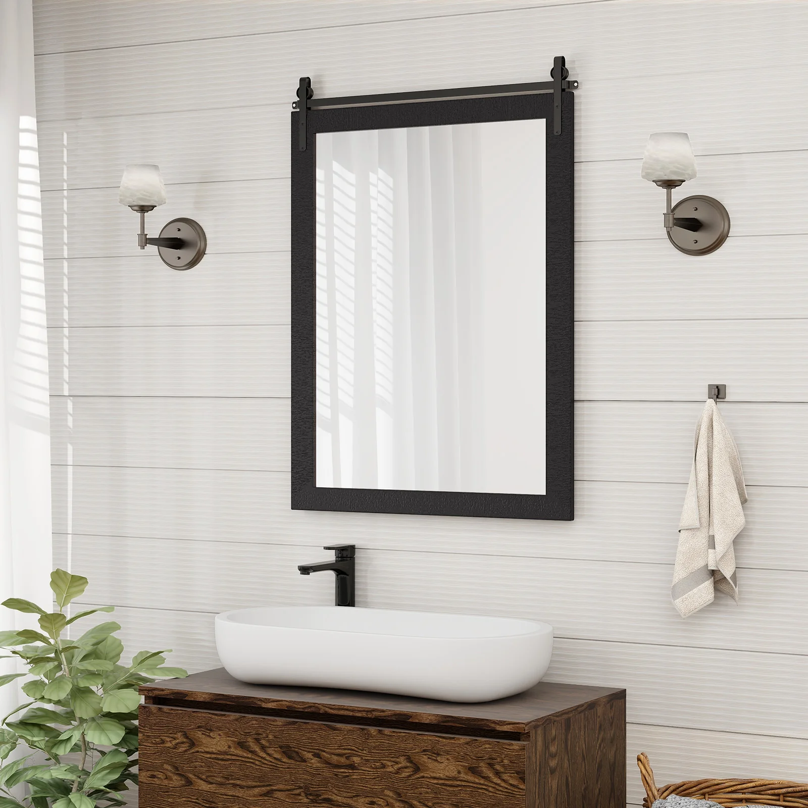 30 x 22 Inch Wall Mount Mirror, Wood Frame, Black - Image 4