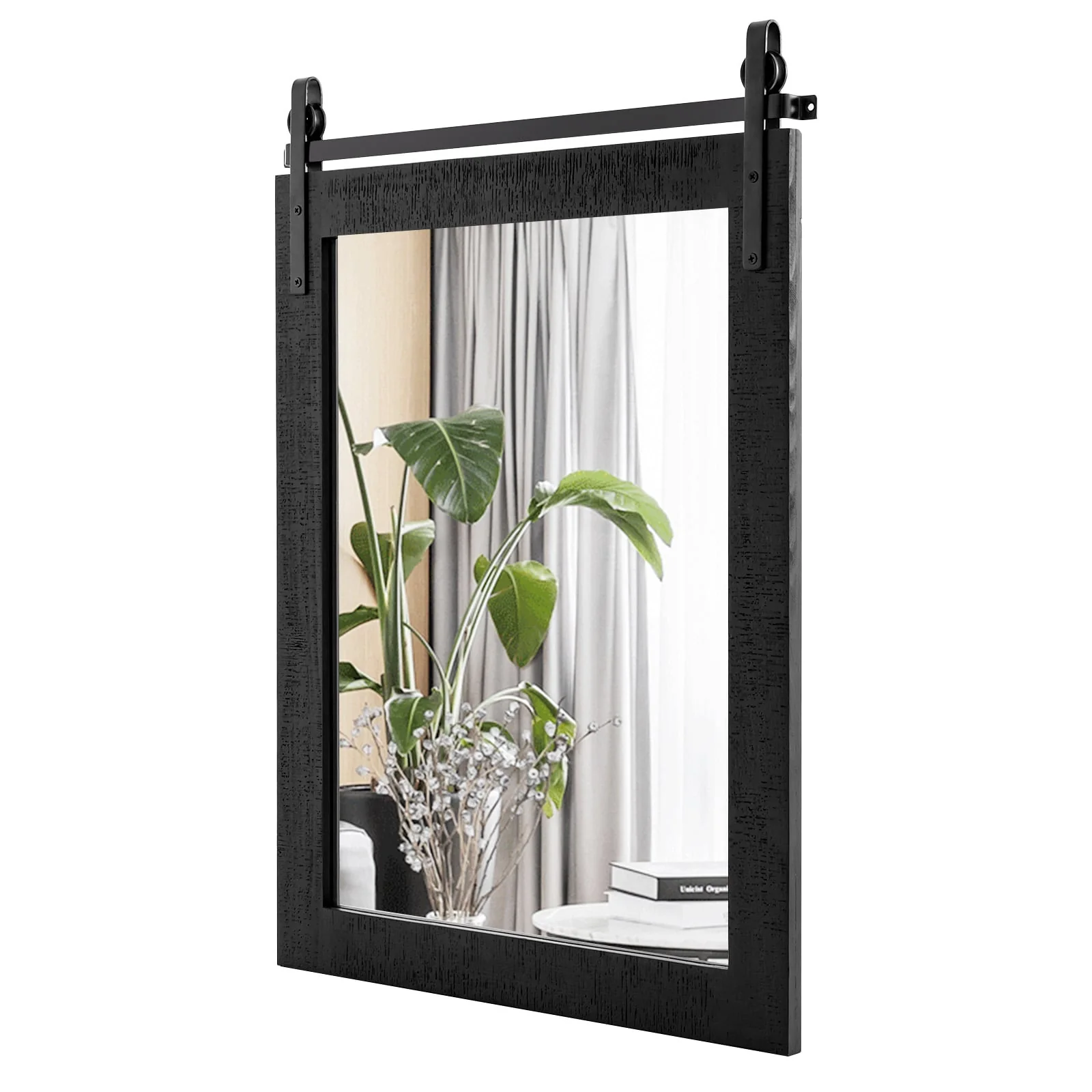 30 x 22 Inch Wall Mount Mirror, Wood Frame, Black - Image 5