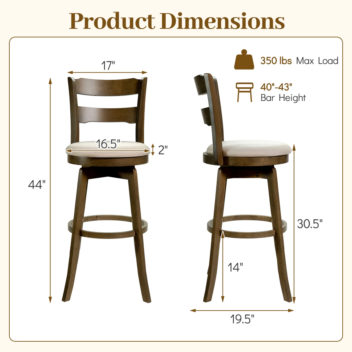 30.5 Inch Swivel Barstools with Backrest & Upholstered Seat-Set of 4, Taupe - Image 5