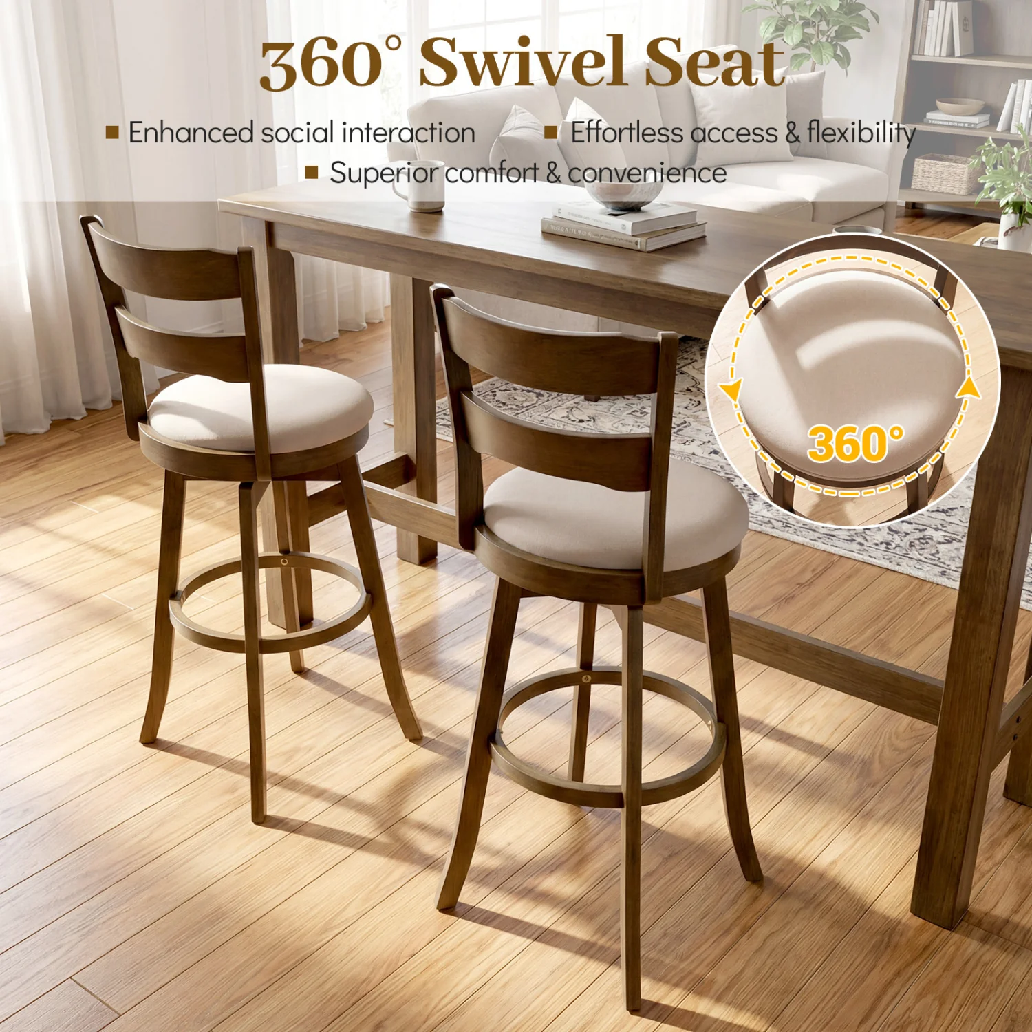 30.5 Inch Swivel Barstools with Backrest & Upholstered Seat-Set of 4, Taupe - Image 7