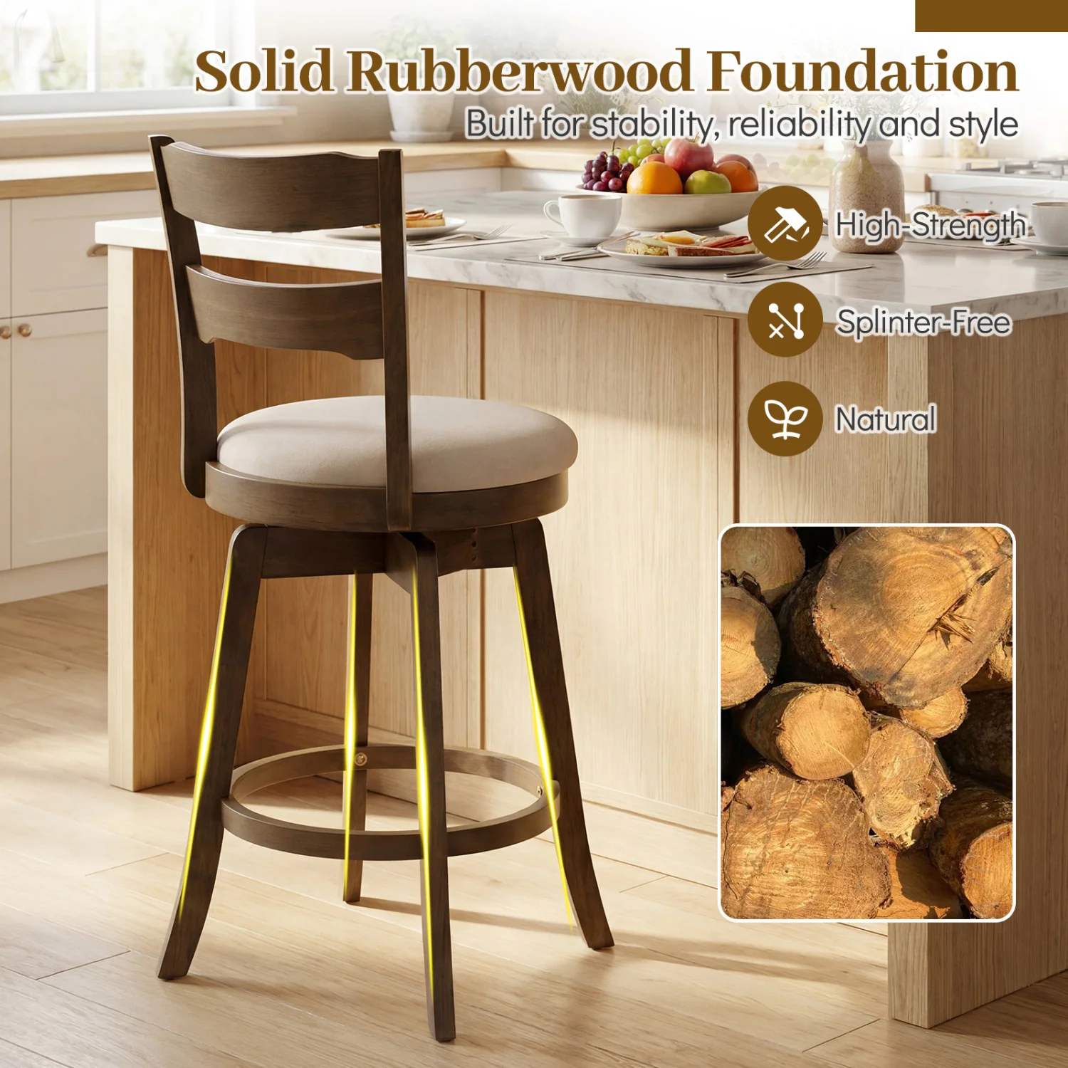 30.5 Inch Swivel Barstools with Backrest & Upholstered Seat-Set of 4, Taupe - Image 8