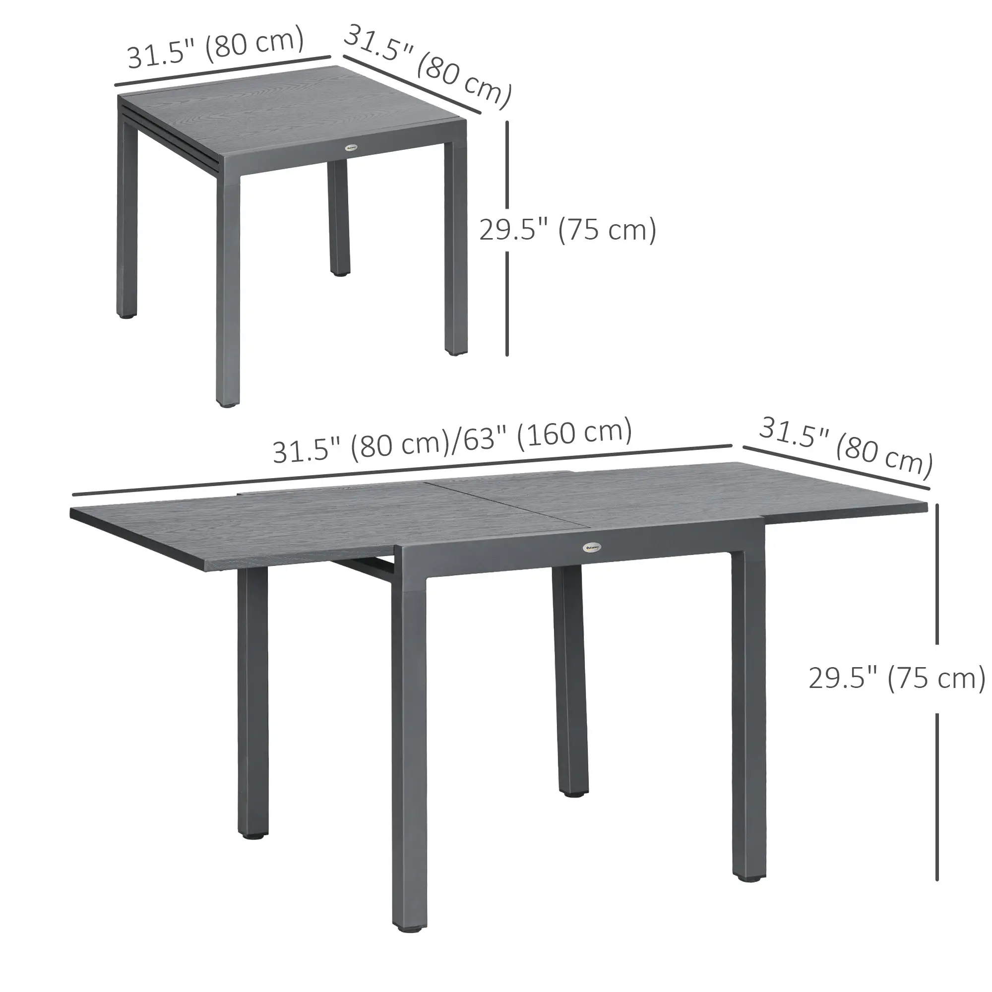31.5"-63" Extendable Outdoor Dining Table, Aluminium Frame, Steel Tabletop, Dark Grey - Image 3