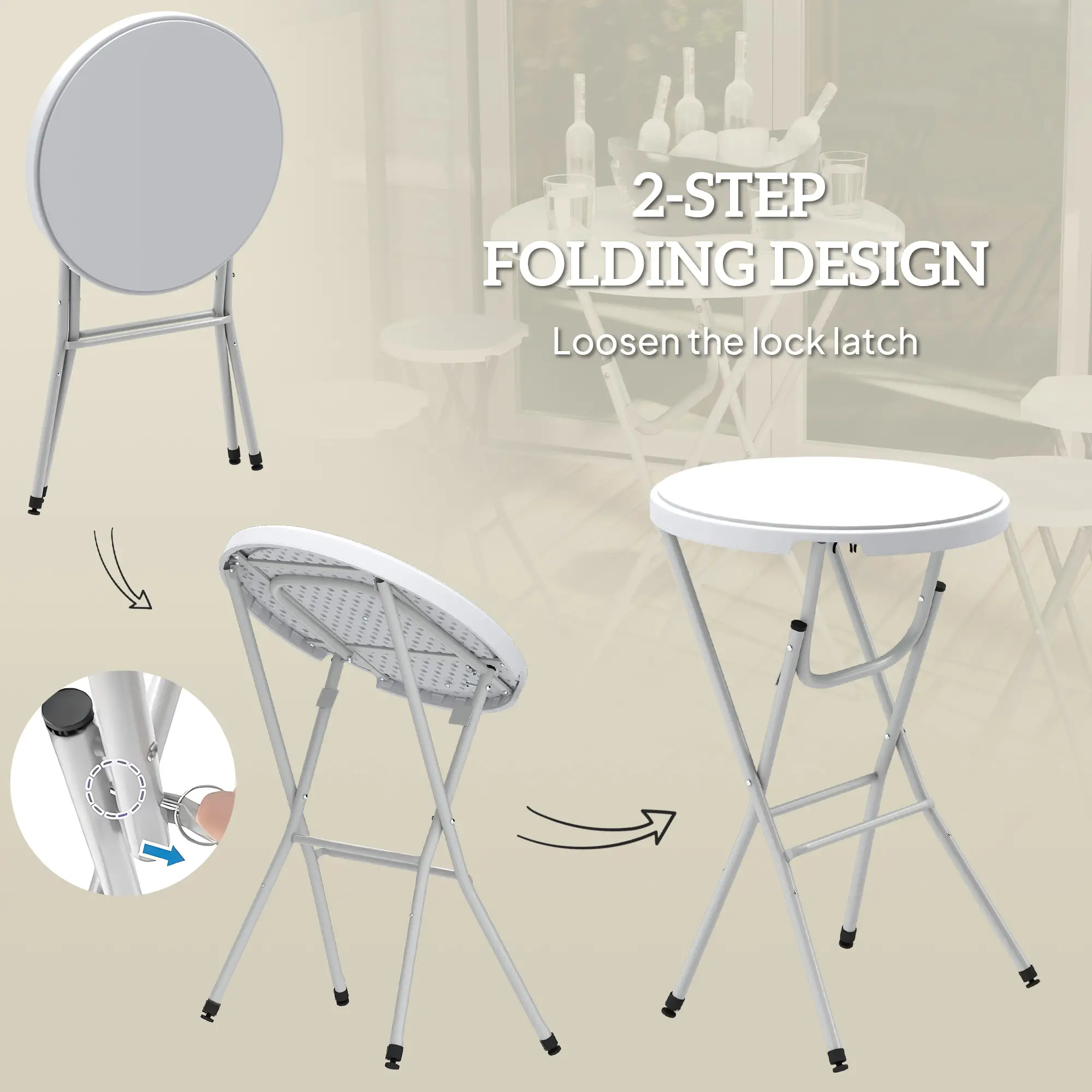 31.5" Bar Height Patio Table, Outdoor Folding Table, HDPE Top, Locking Steel Legs, White - Image 4