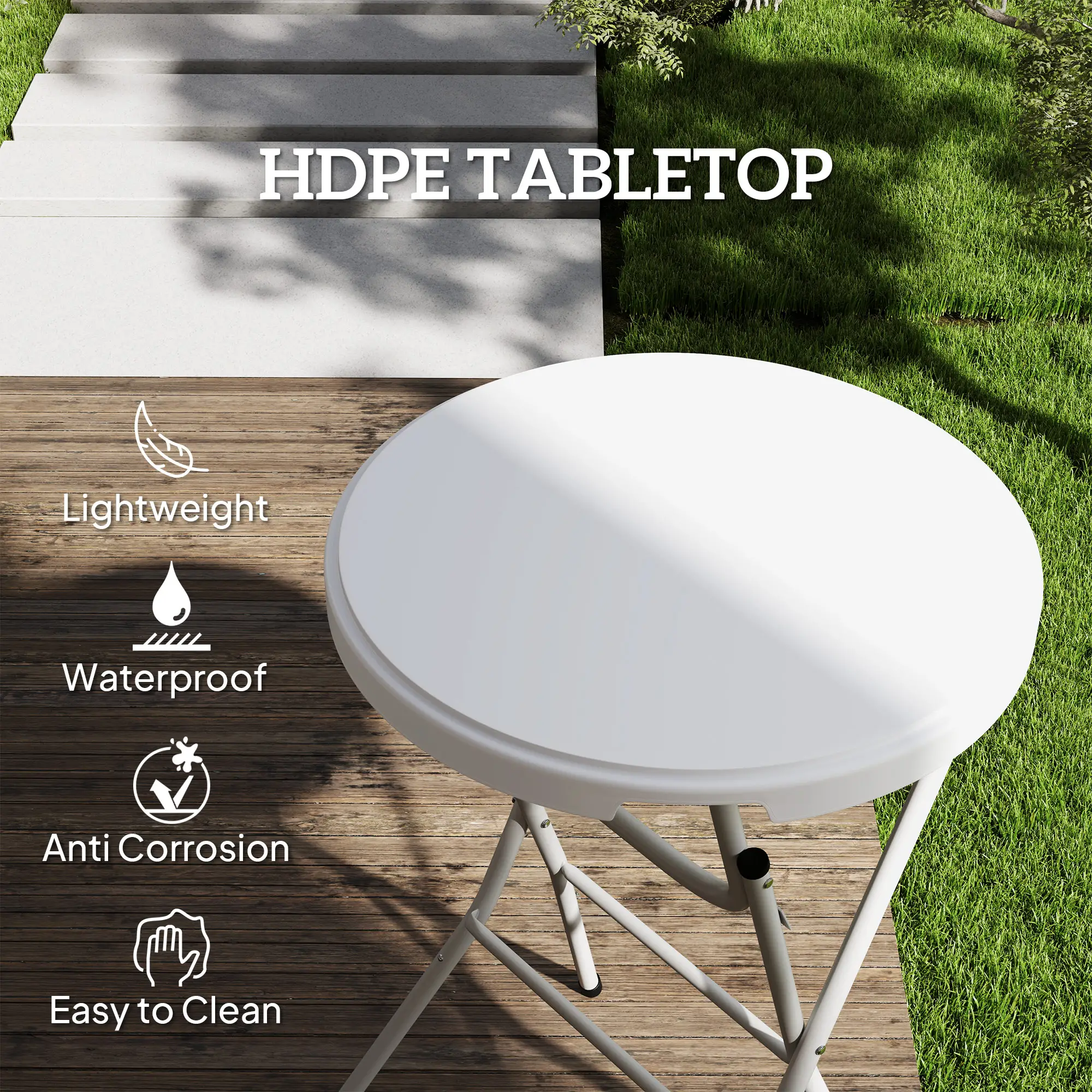 31.5" Bar Height Patio Table, Outdoor Folding Table, HDPE Top, Locking Steel Legs, White - Image 5