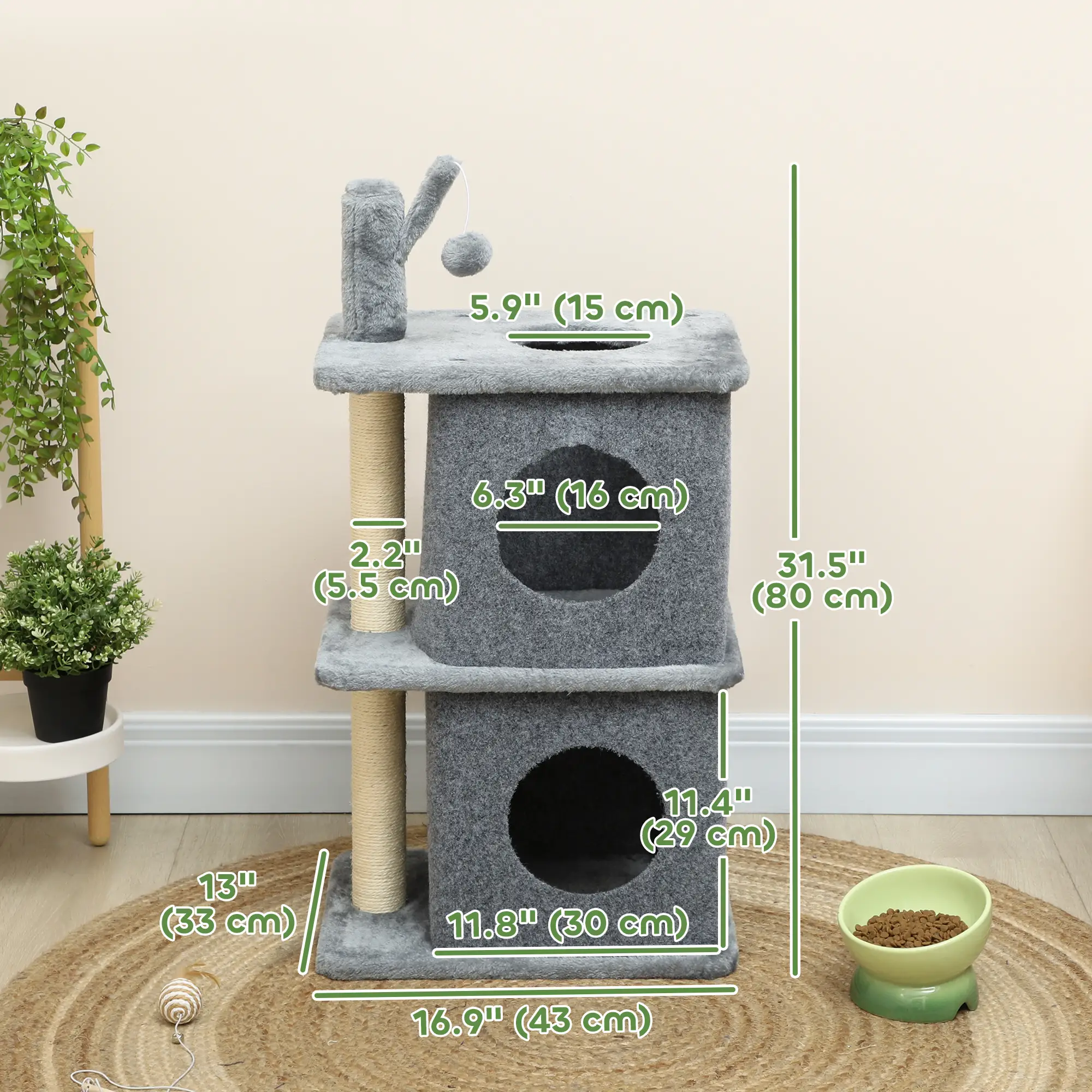 31.5" Cat Tree, Multi-Level Tower with 2 Condos, Soft Plush Perches, Grey - Image 3