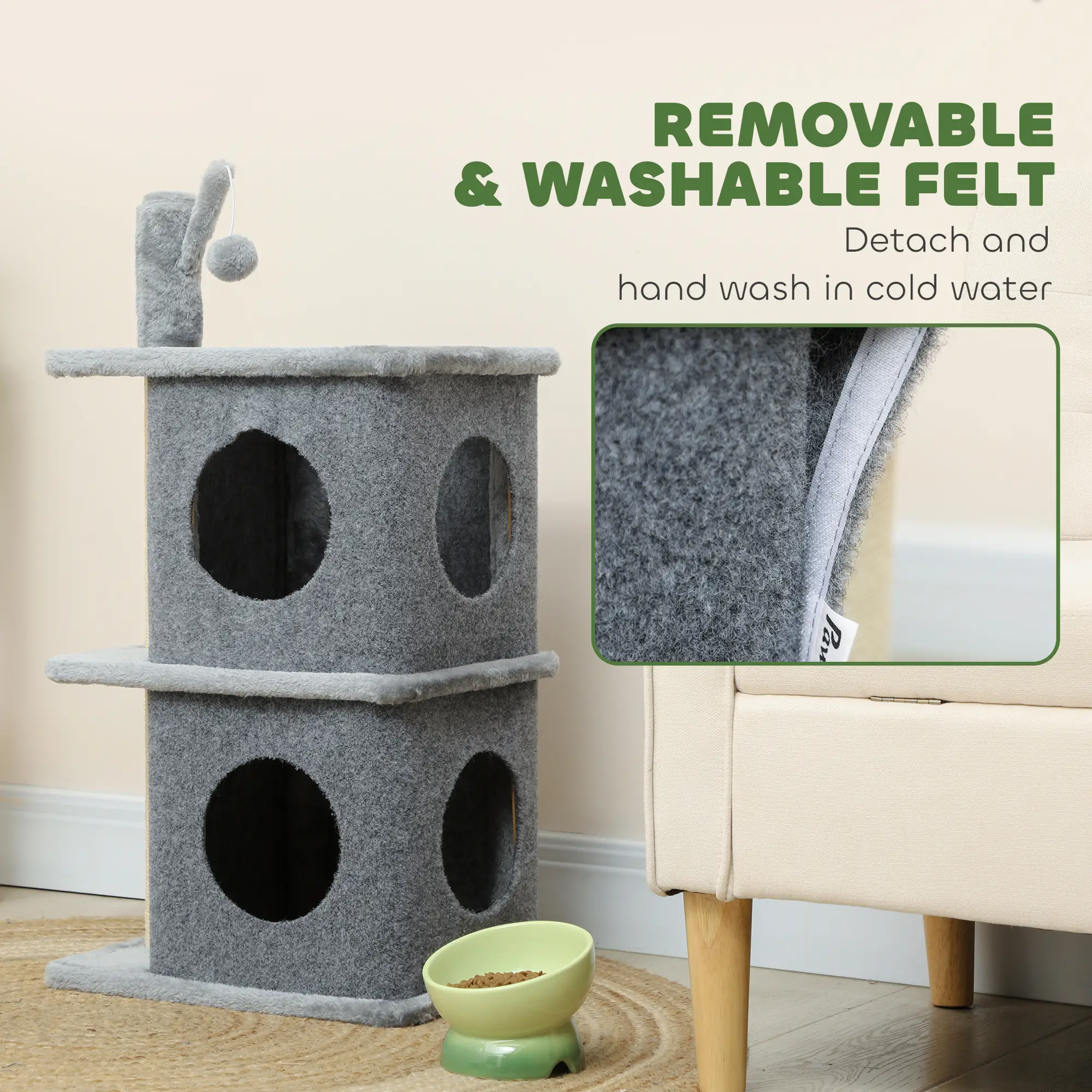 31.5" Cat Tree, Multi-Level Tower with 2 Condos, Soft Plush Perches, Grey - Image 7