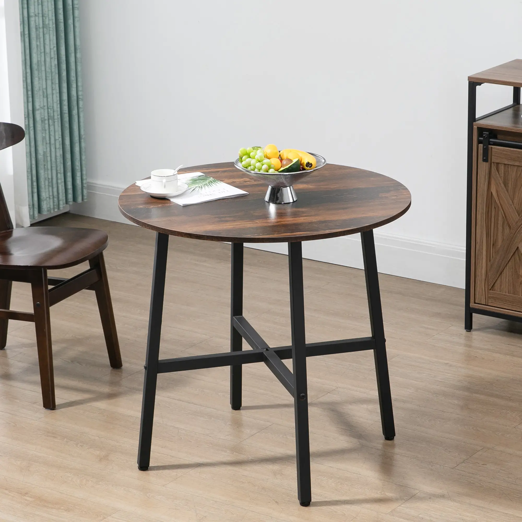 31.5" Dining Table, Industrial Kitchen Table Round, Steel Legs, Rustic Brown - Image 2