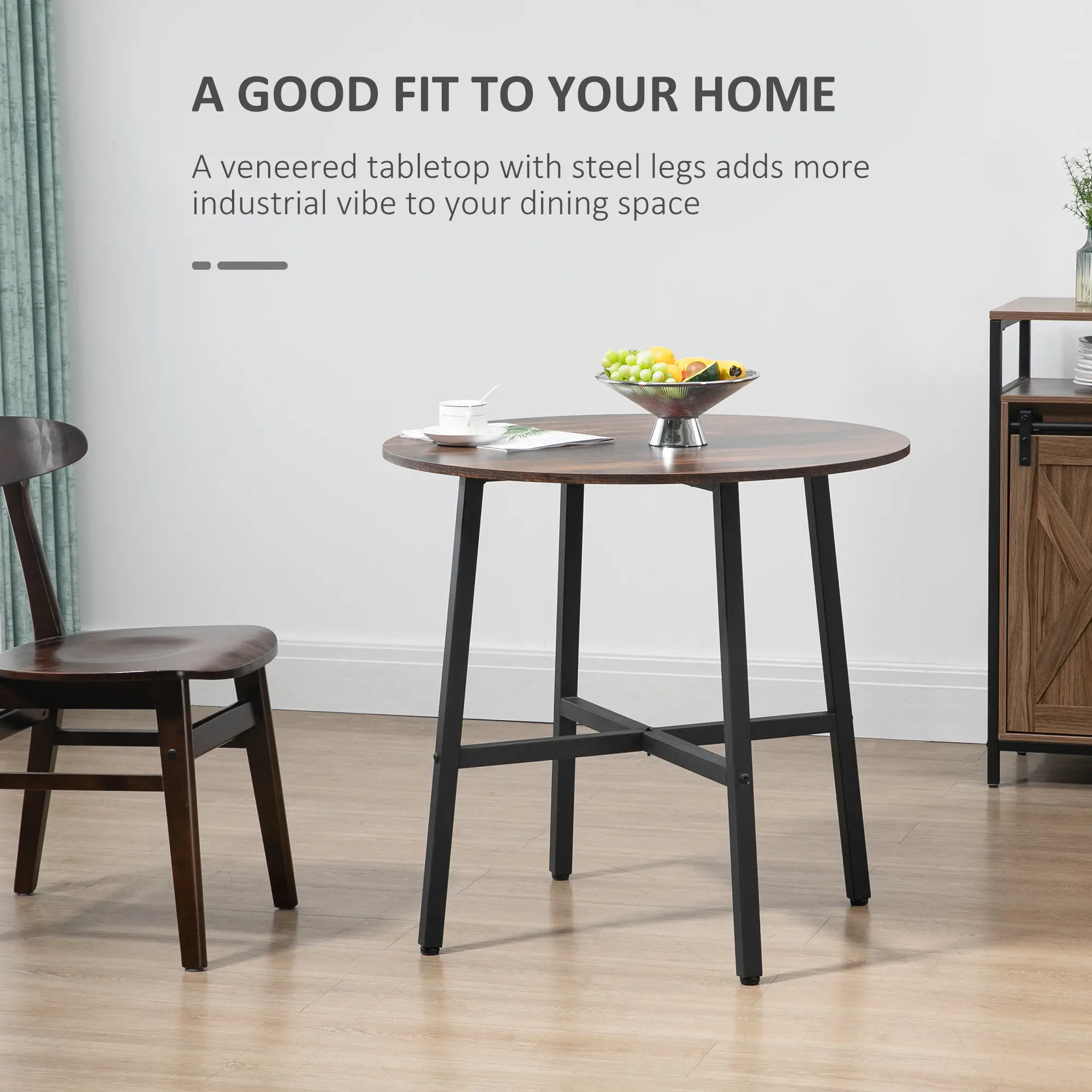 31.5" Dining Table, Industrial Kitchen Table Round, Steel Legs, Rustic Brown - Image 4