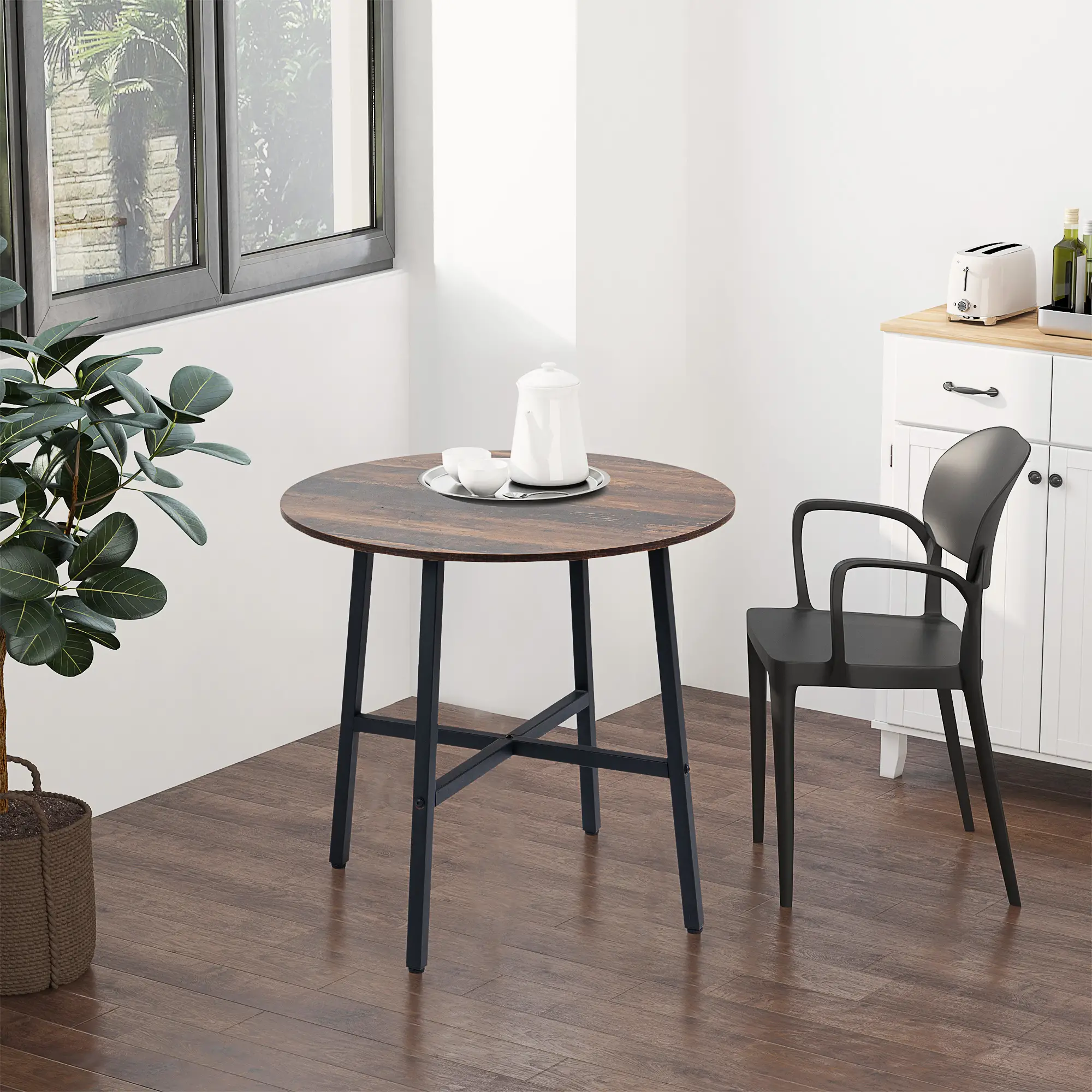 31.5" Dining Table, Industrial Kitchen Table Round, Steel Legs, Rustic Brown - Image 8