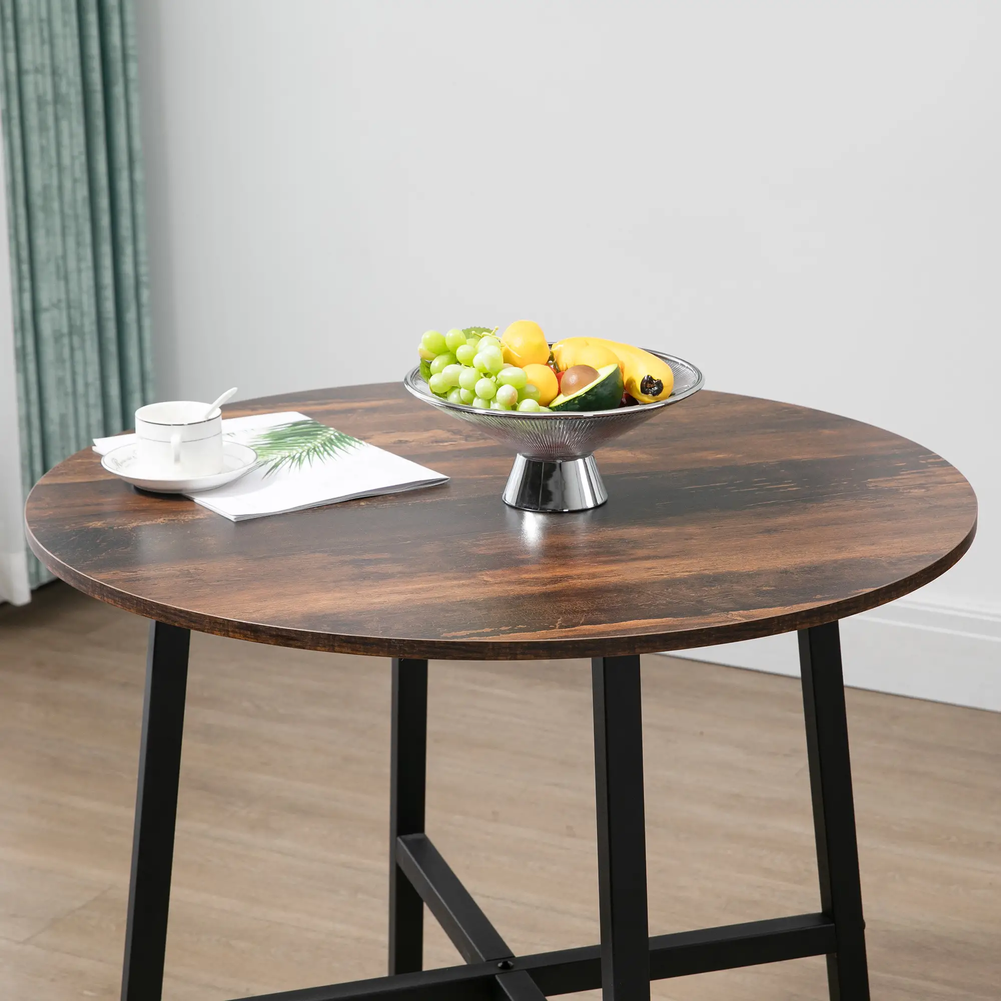 31.5" Dining Table, Industrial Kitchen Table Round, Steel Legs, Rustic Brown - Image 9