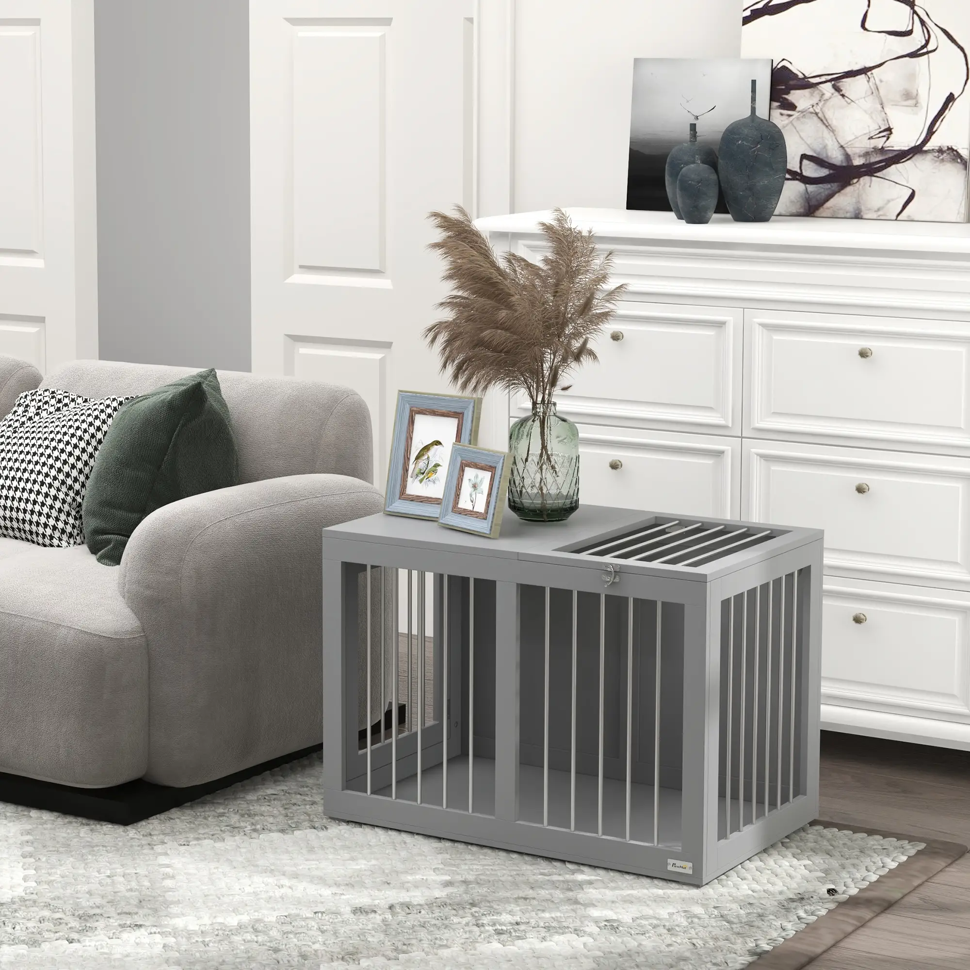 31.5" Dog Crate Furniture, Double Doors, Medium Dogs, Grey - Image 10