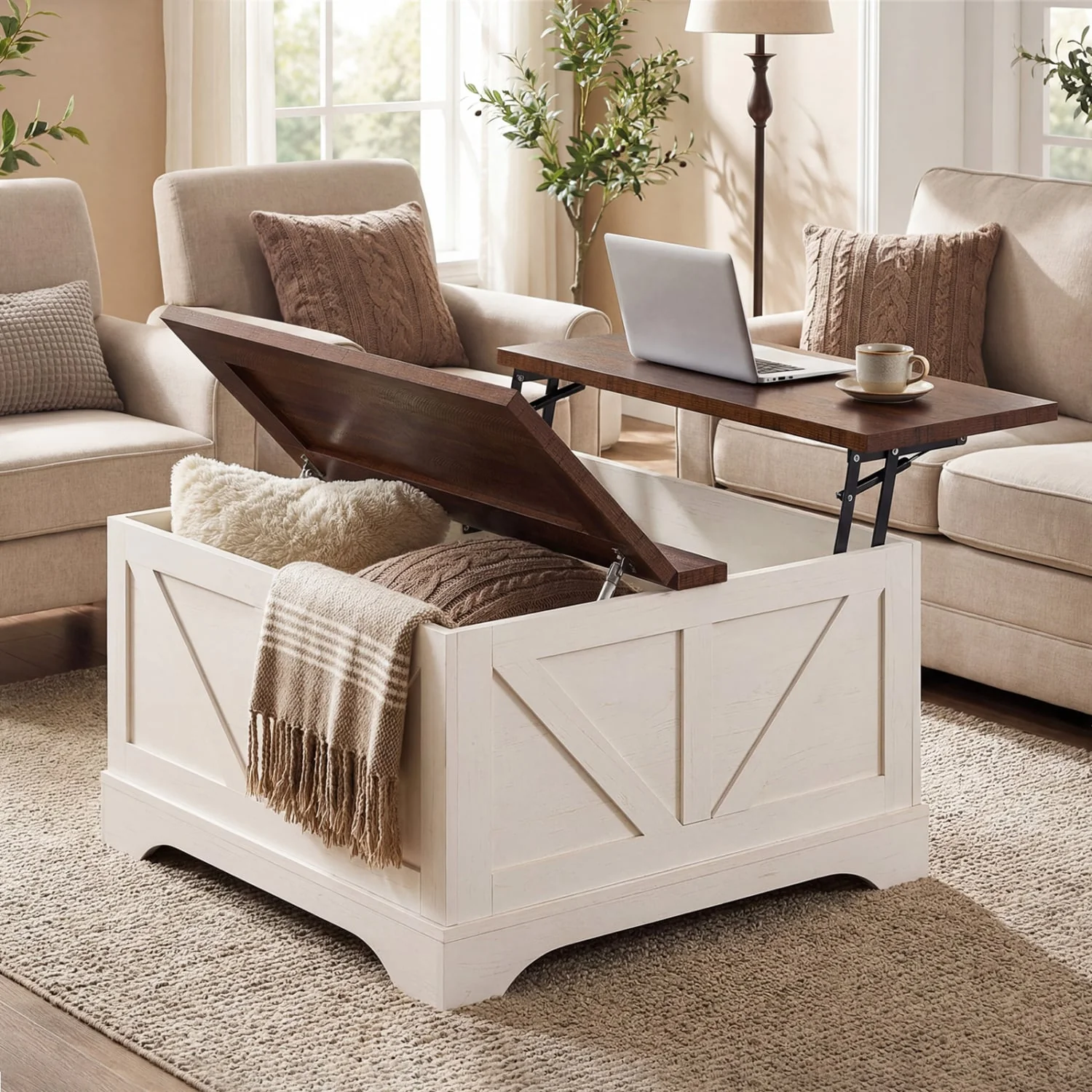 31.5 In Square Coffee Table with Lift Top Storage, Rustic Brown - Image 2