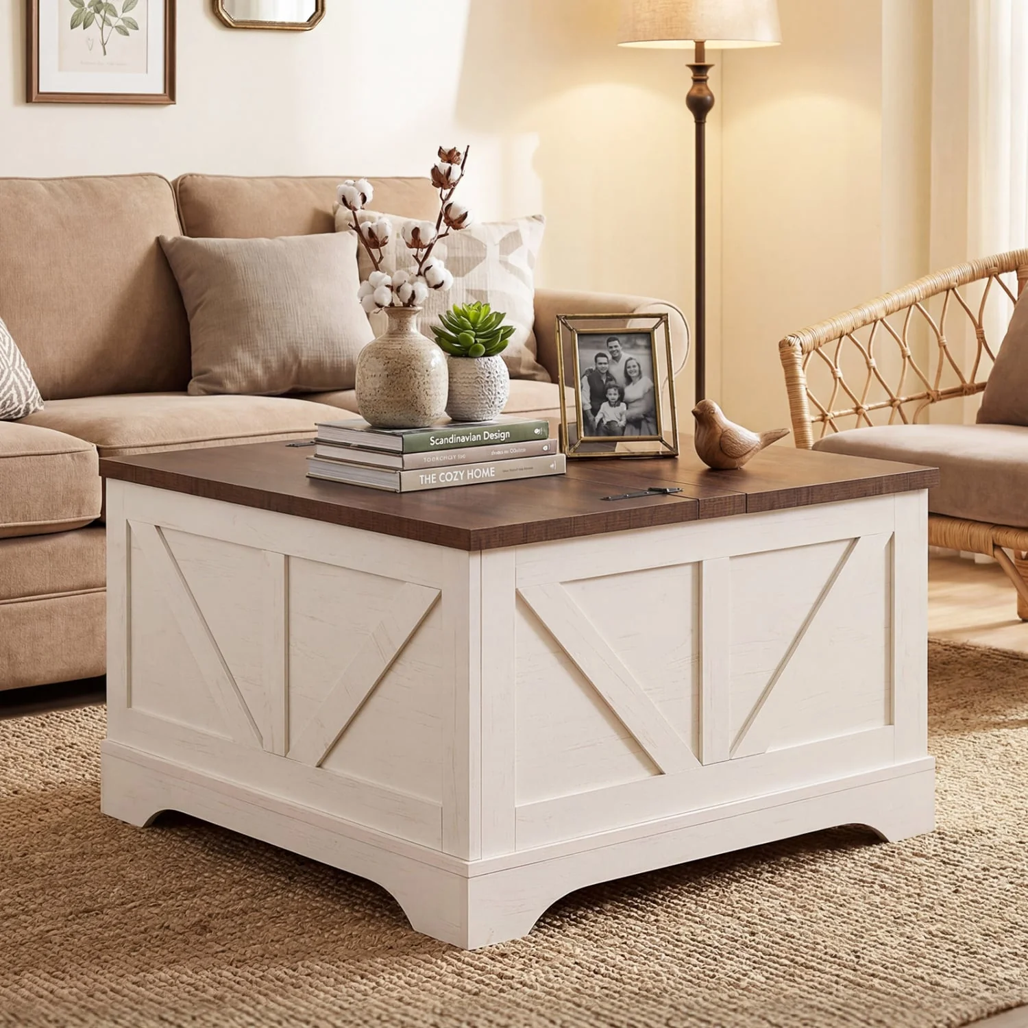 31.5 In Square Coffee Table with Lift Top Storage, Rustic Brown - Image 3