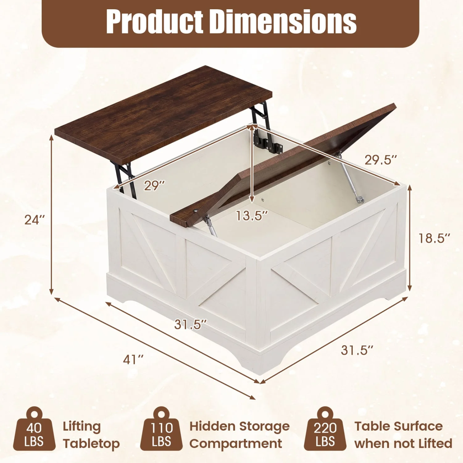 31.5 In Square Coffee Table with Lift Top Storage, Rustic Brown - Image 5