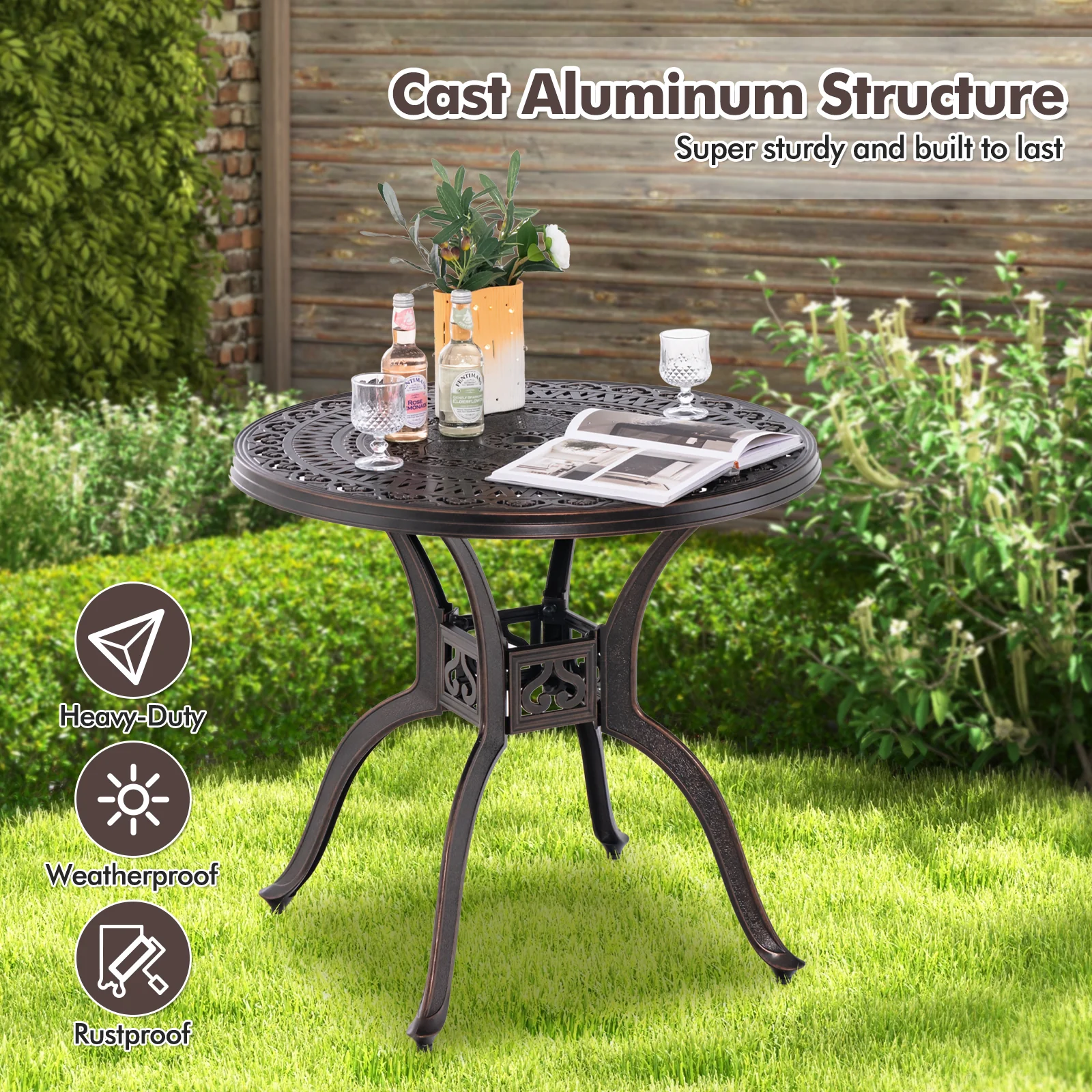 31.5 Inch Cast Aluminum Round Patio Dining Table, Copper - Image 7