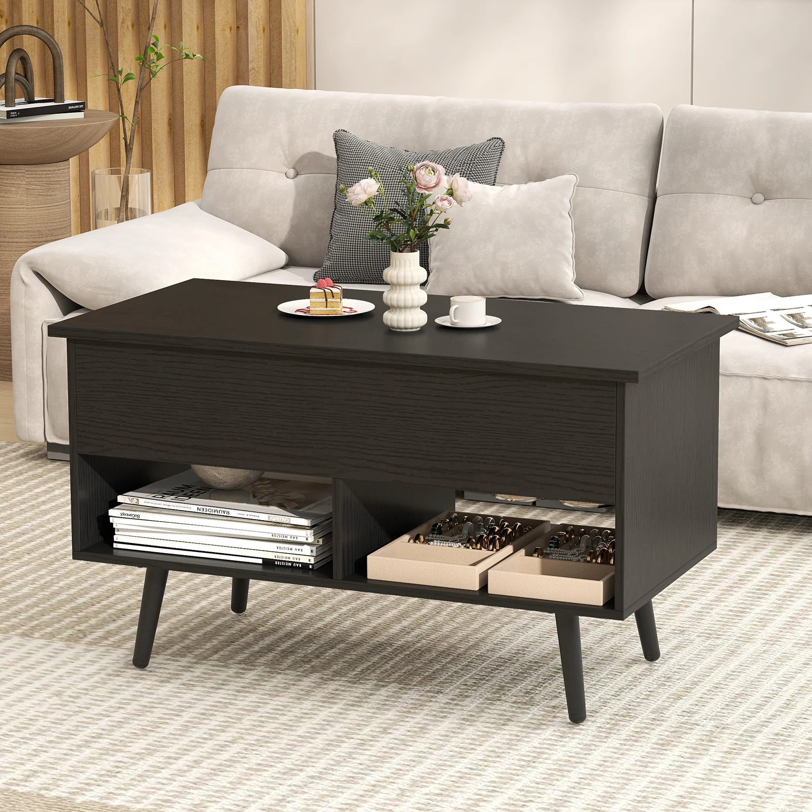 31.5 Inch Lift Top Coffee Table, Hidden Compartment, 2 Storage Shelves, Black - Image 2