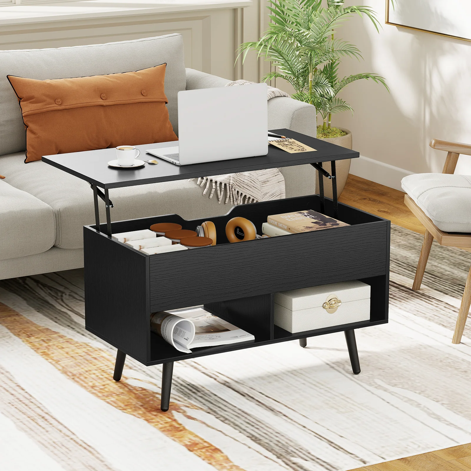 31.5 Inch Lift Top Coffee Table, Hidden Compartment, 2 Storage Shelves, Black - Image 3