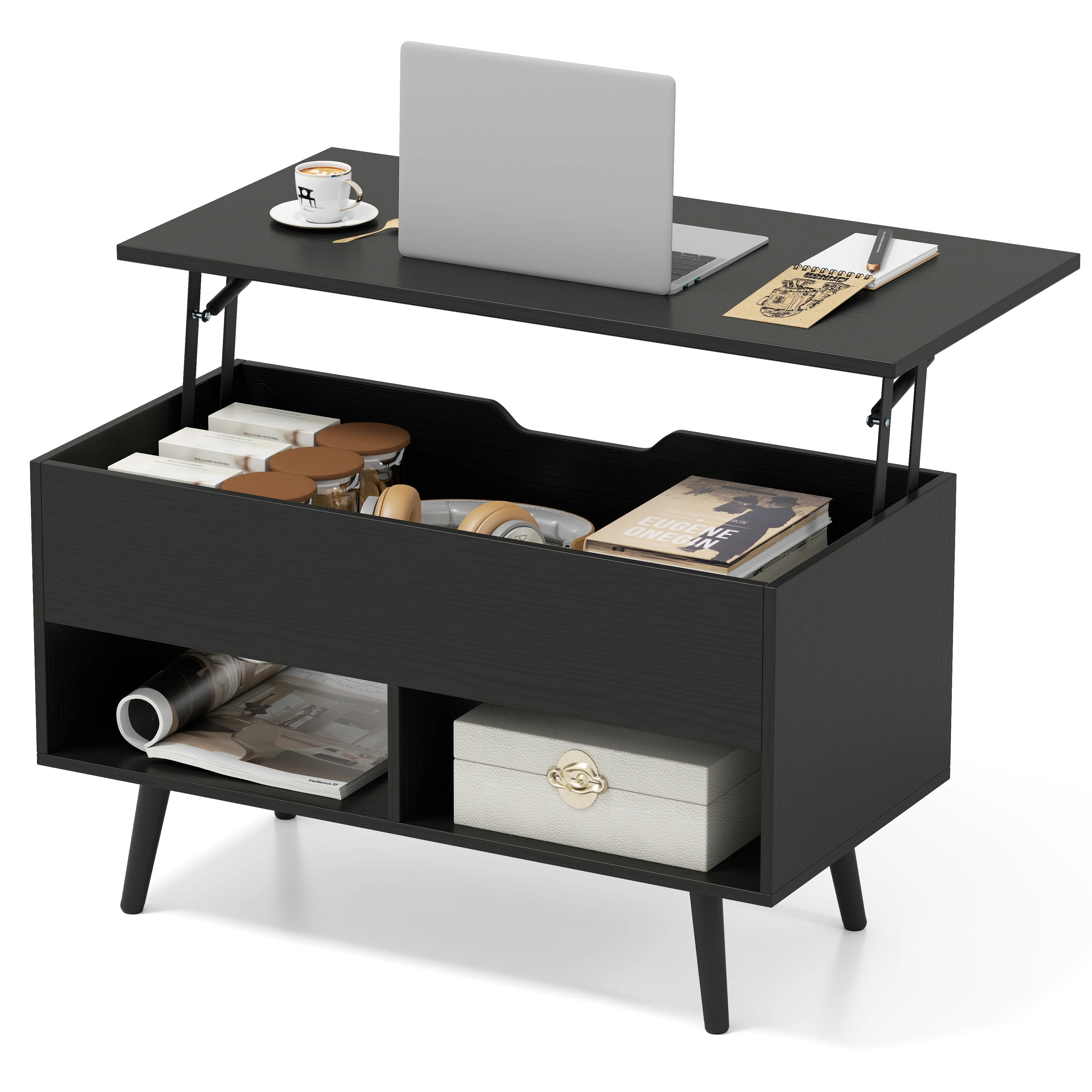 31.5 Inch Lift Top Coffee Table, Hidden Compartment, 2 Storage Shelves, Black - Image 5