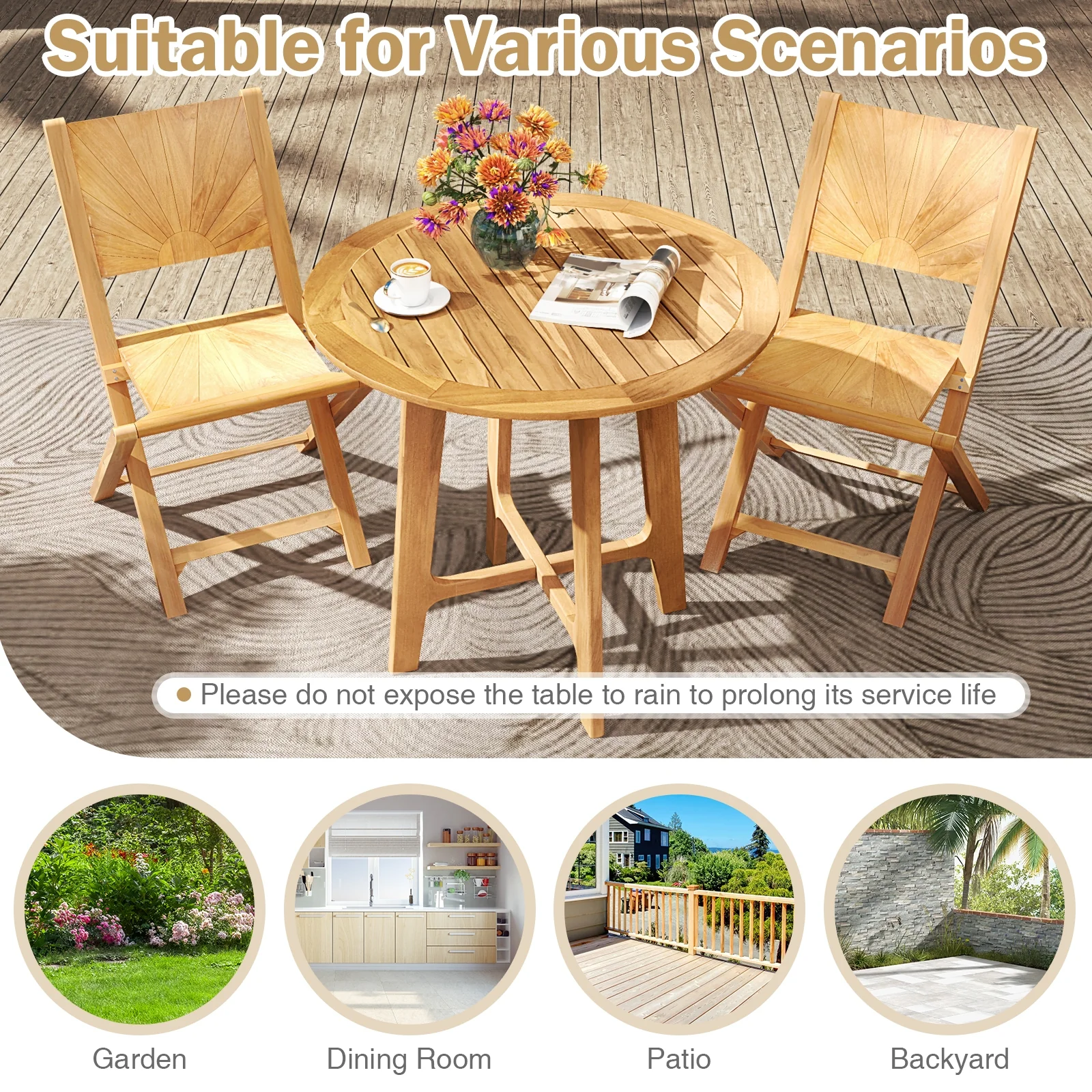 31.5 Inch Patio Dining Table, Slatted Tabletop, X-Shaped Frame, Natural - Image 10