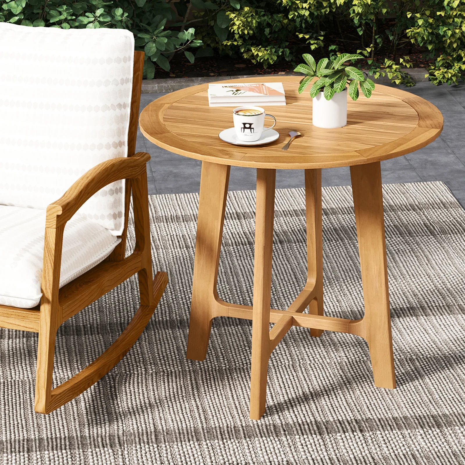 31.5 Inch Patio Dining Table, Slatted Tabletop, X-Shaped Frame, Natural - Image 2