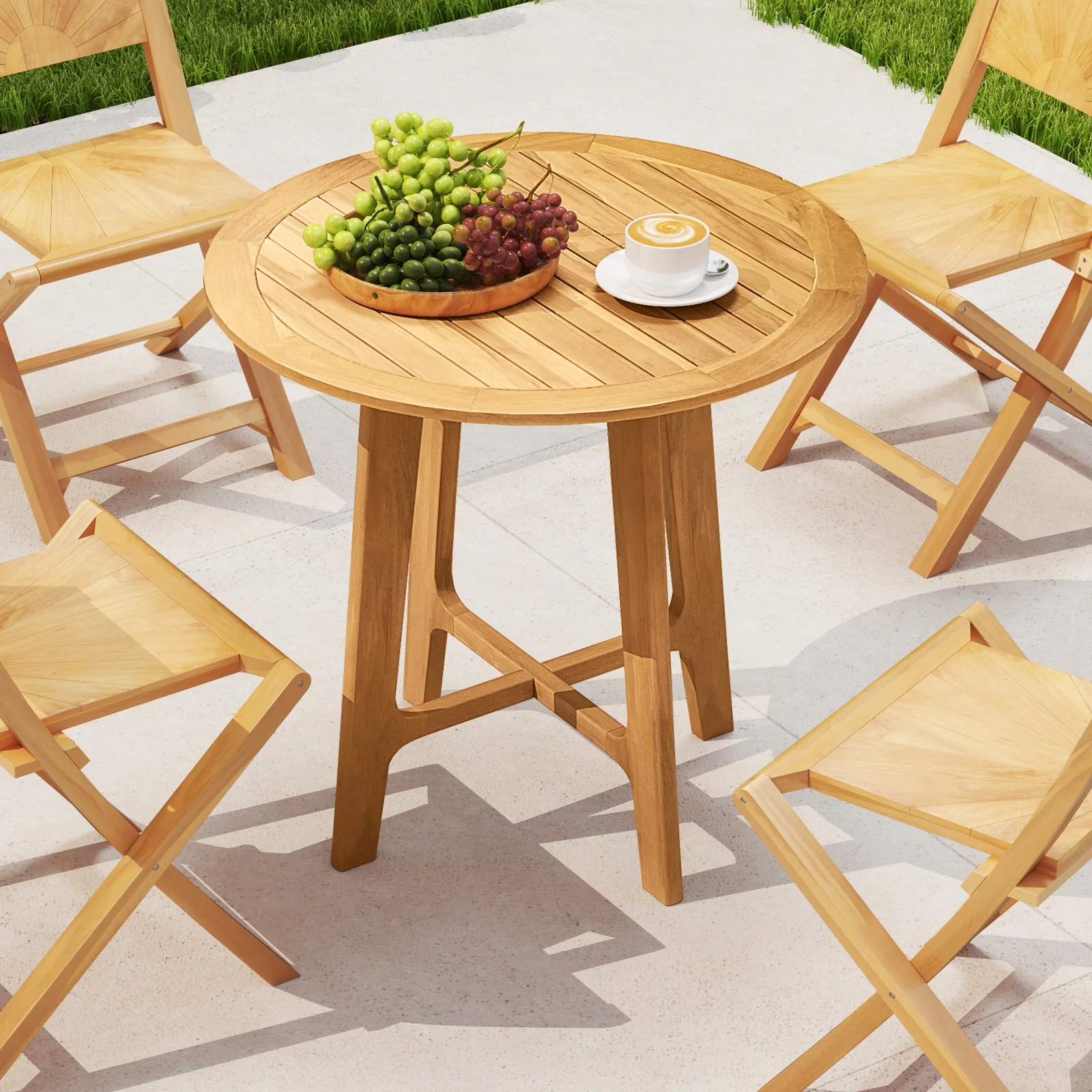 31.5 Inch Patio Dining Table, Slatted Tabletop, X-Shaped Frame, Natural - Image 6
