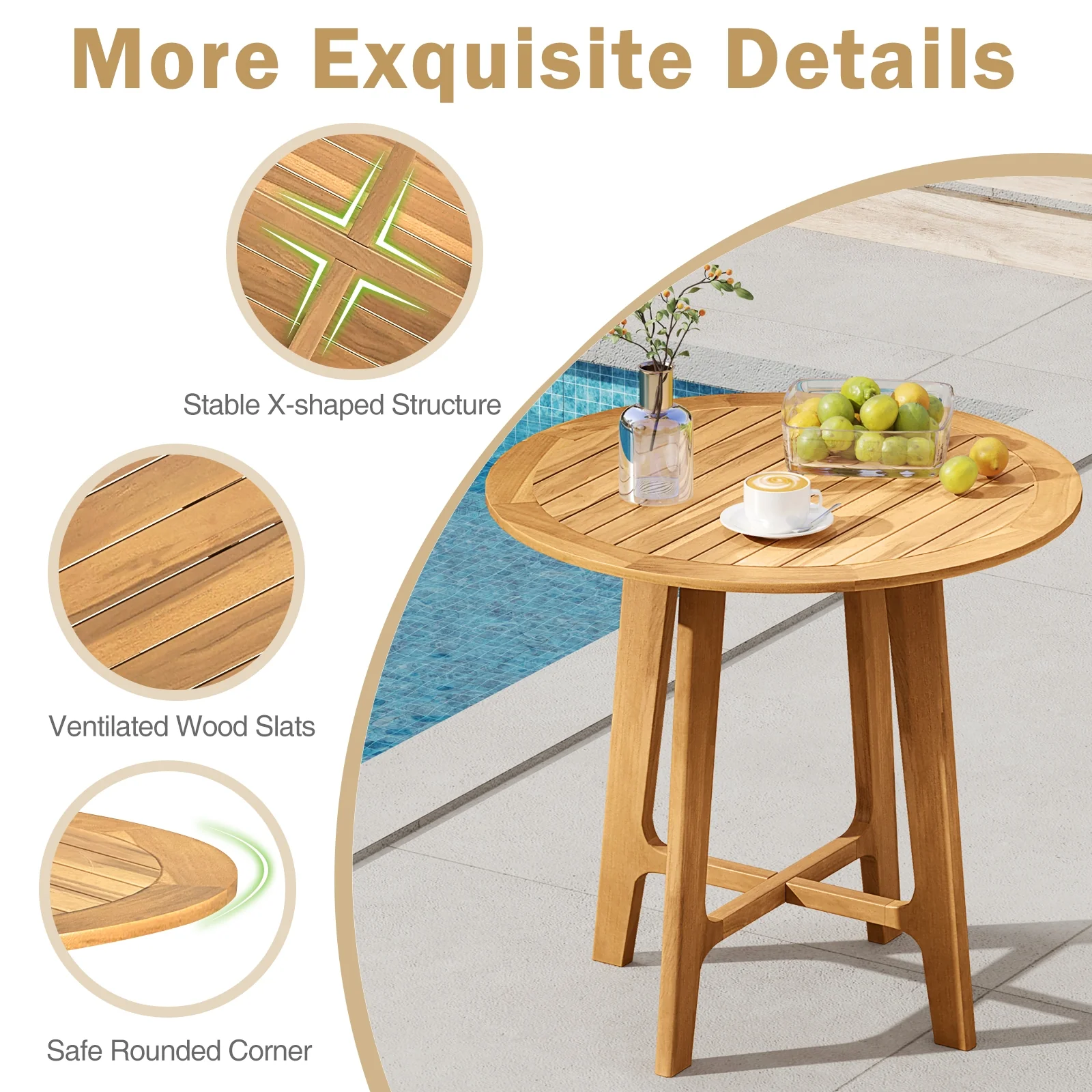 31.5 Inch Patio Dining Table, Slatted Tabletop, X-Shaped Frame, Natural - Image 9