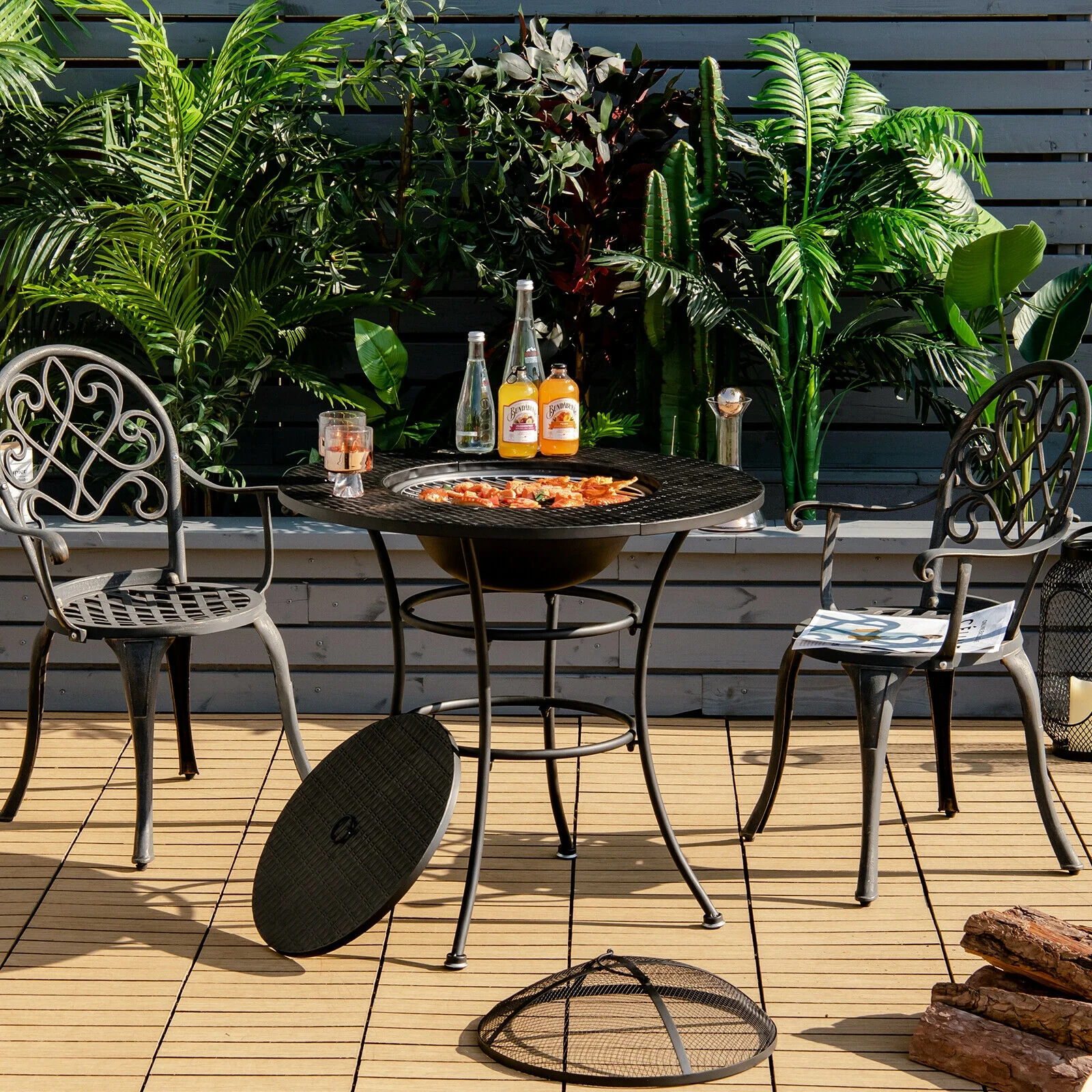 31.5 Inch Patio Fire Pit Dining Table, Cooking BBQ Grate, Black - Image 2