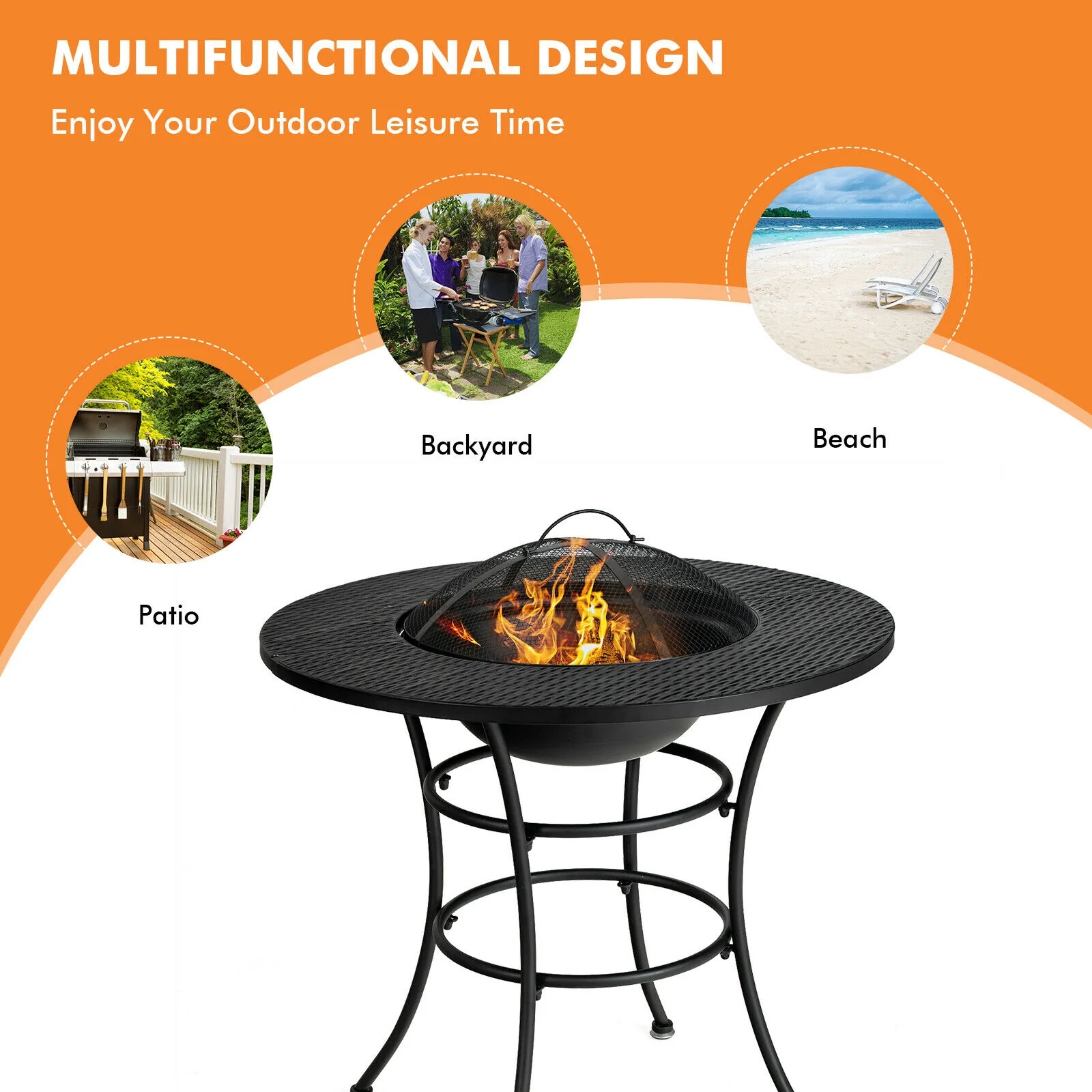 31.5 Inch Patio Fire Pit Dining Table, Cooking BBQ Grate, Black - Image 3