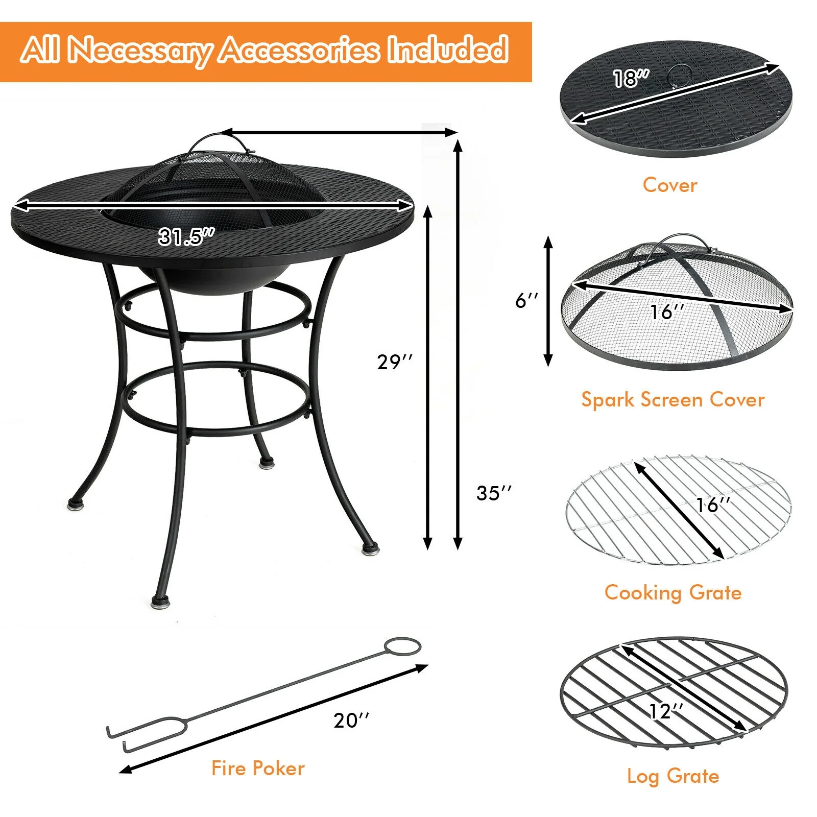 31.5 Inch Patio Fire Pit Dining Table, Cooking BBQ Grate, Black - Image 6
