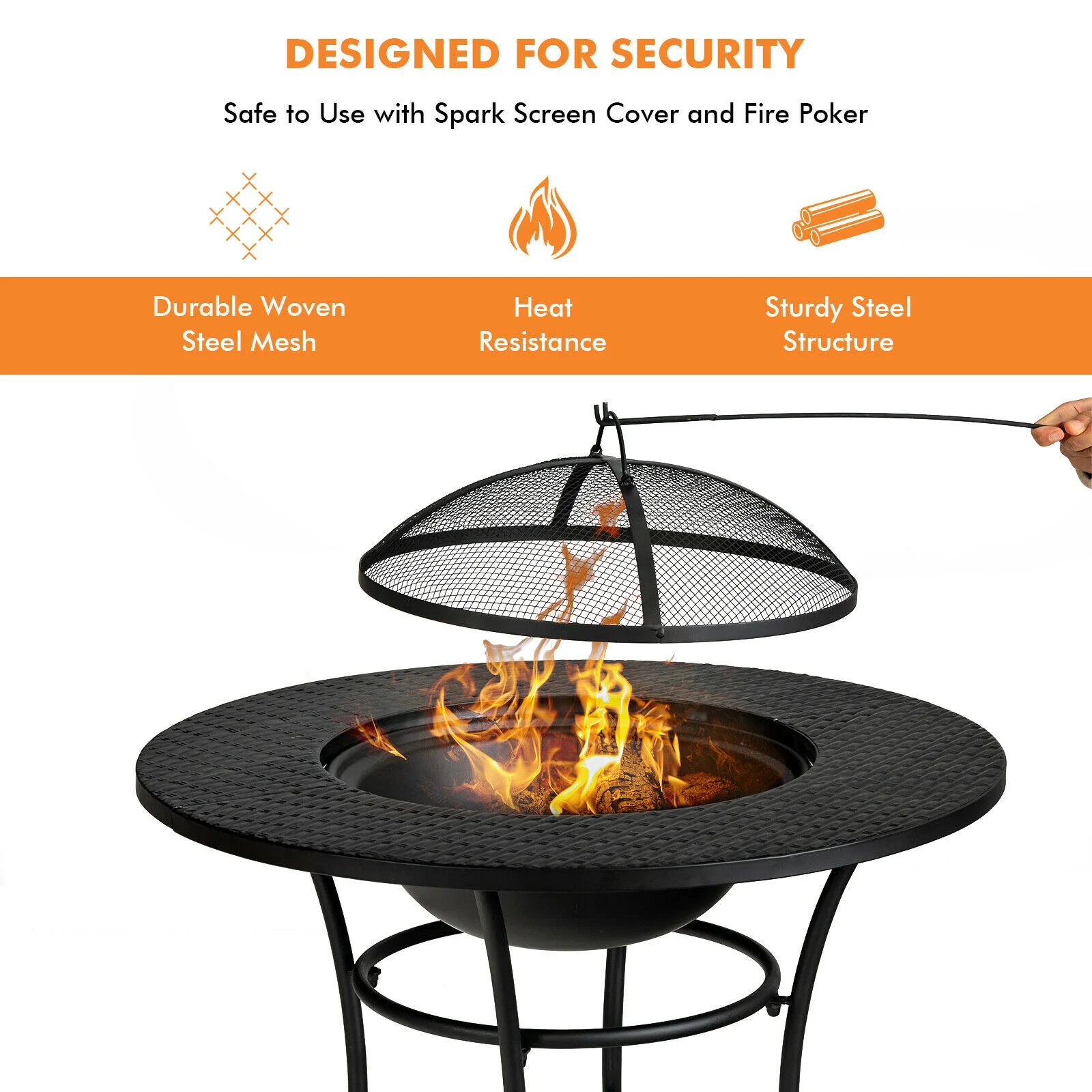 31.5 Inch Patio Fire Pit Dining Table, Cooking BBQ Grate, Black - Image 7