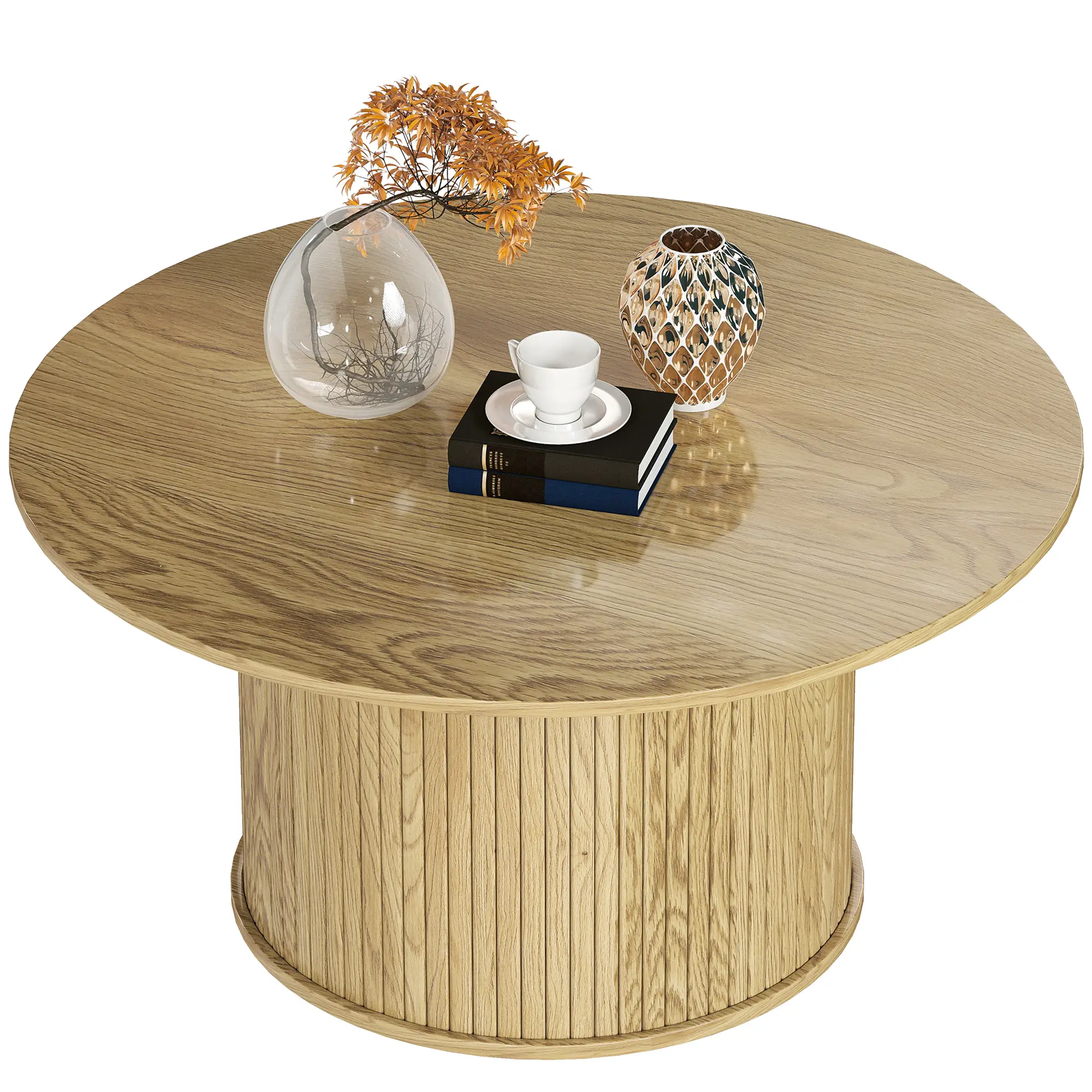 31.5 Inch Round Coffee Table, Nordic Style, Oak